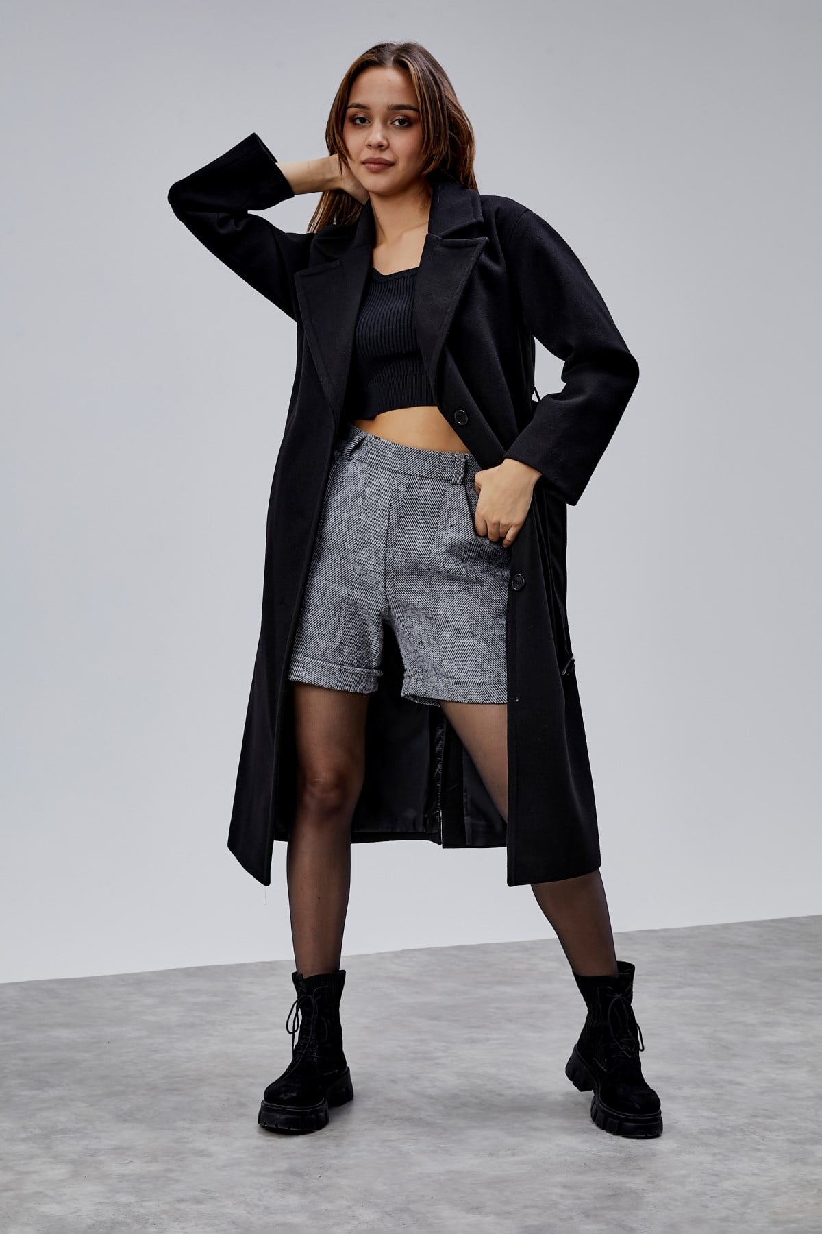 Siyah Premium Oversize Kemerli Kaşe Kaban