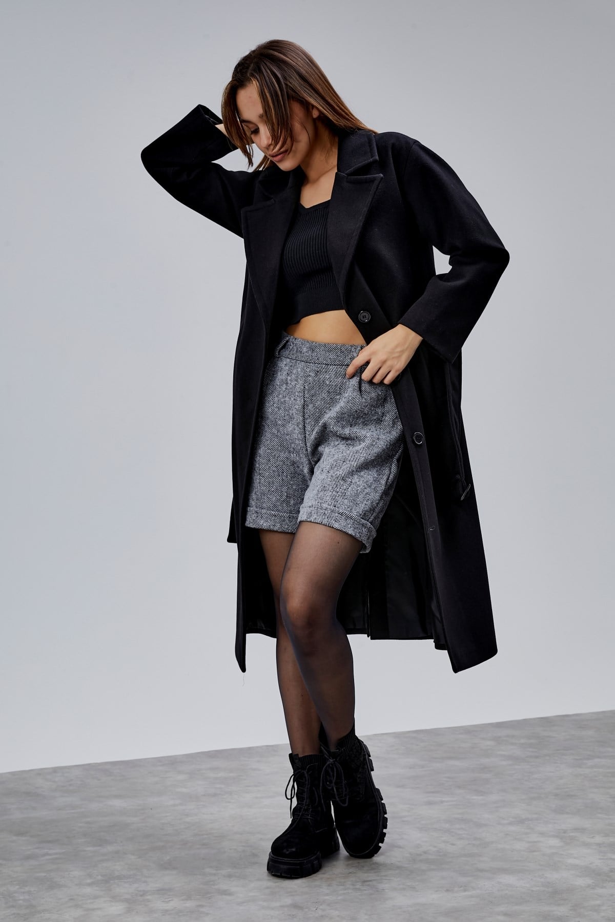 Siyah Premium Oversize Kemerli Kaşe Kaban