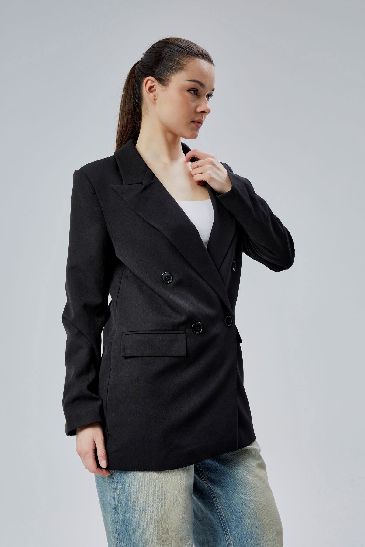Siyah Regular Astarlı Kruvaze Kapama Dokuma Oversize Blazer Ceket