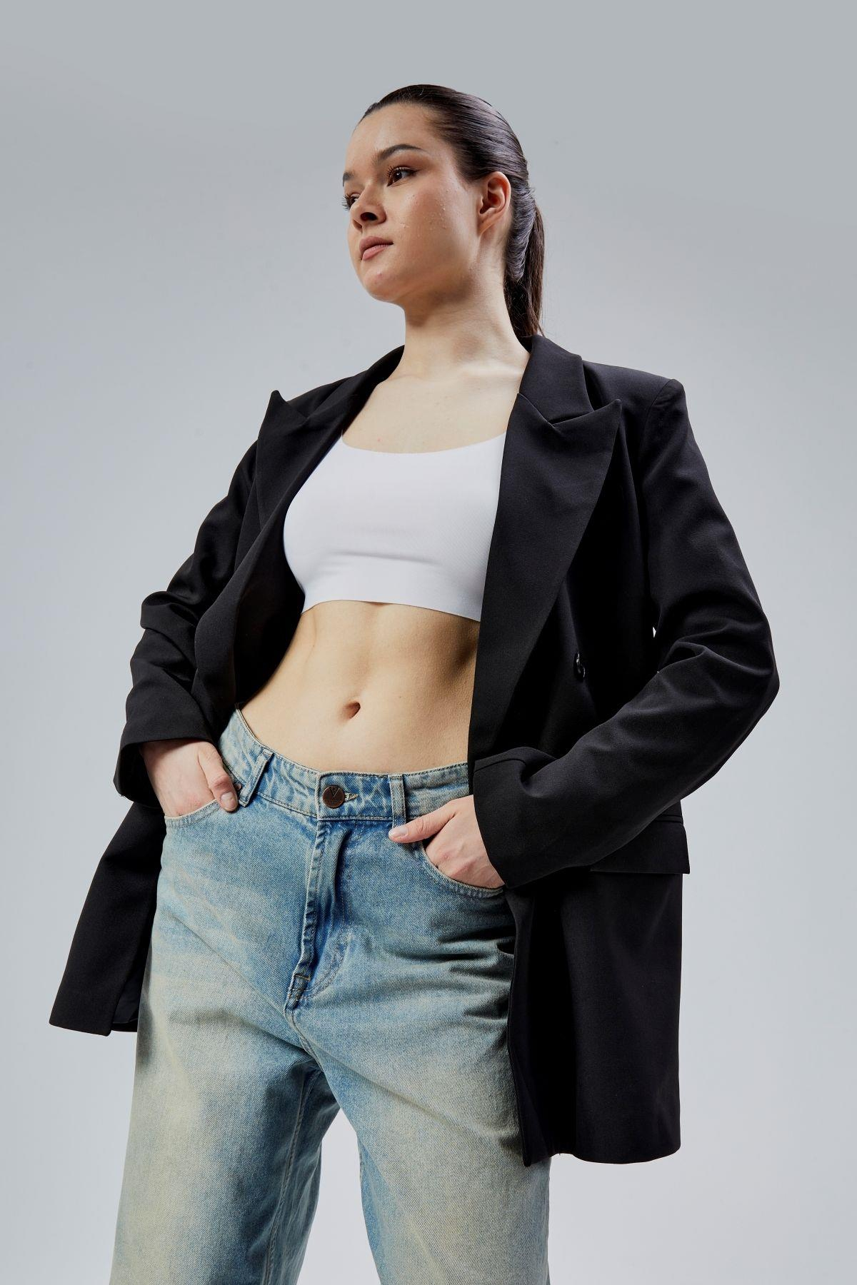 Siyah Regular Astarlı Kruvaze Kapama Dokuma Oversize Blazer Ceket