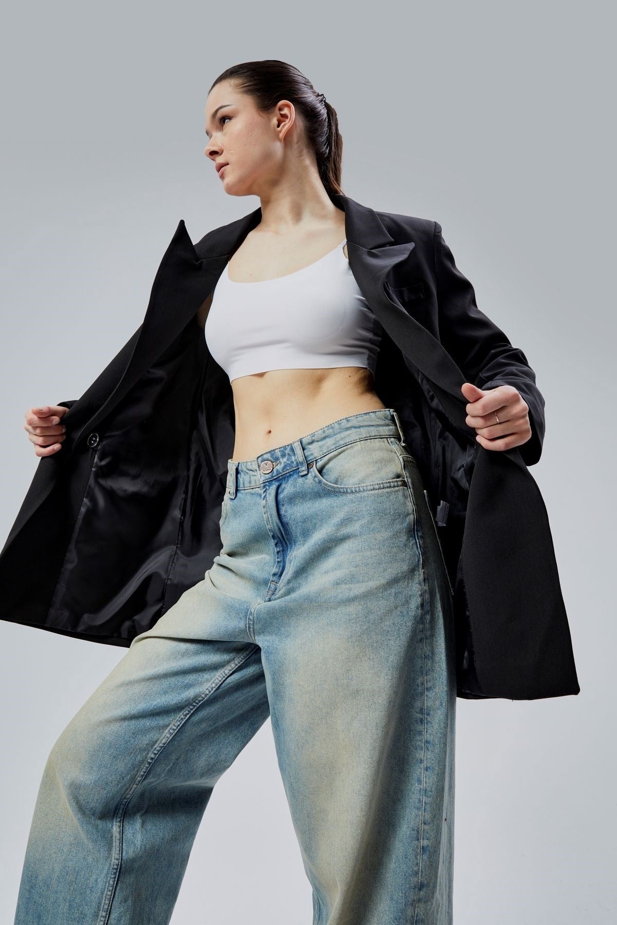Siyah Regular Astarlı Kruvaze Kapama Dokuma Oversize Blazer Ceket