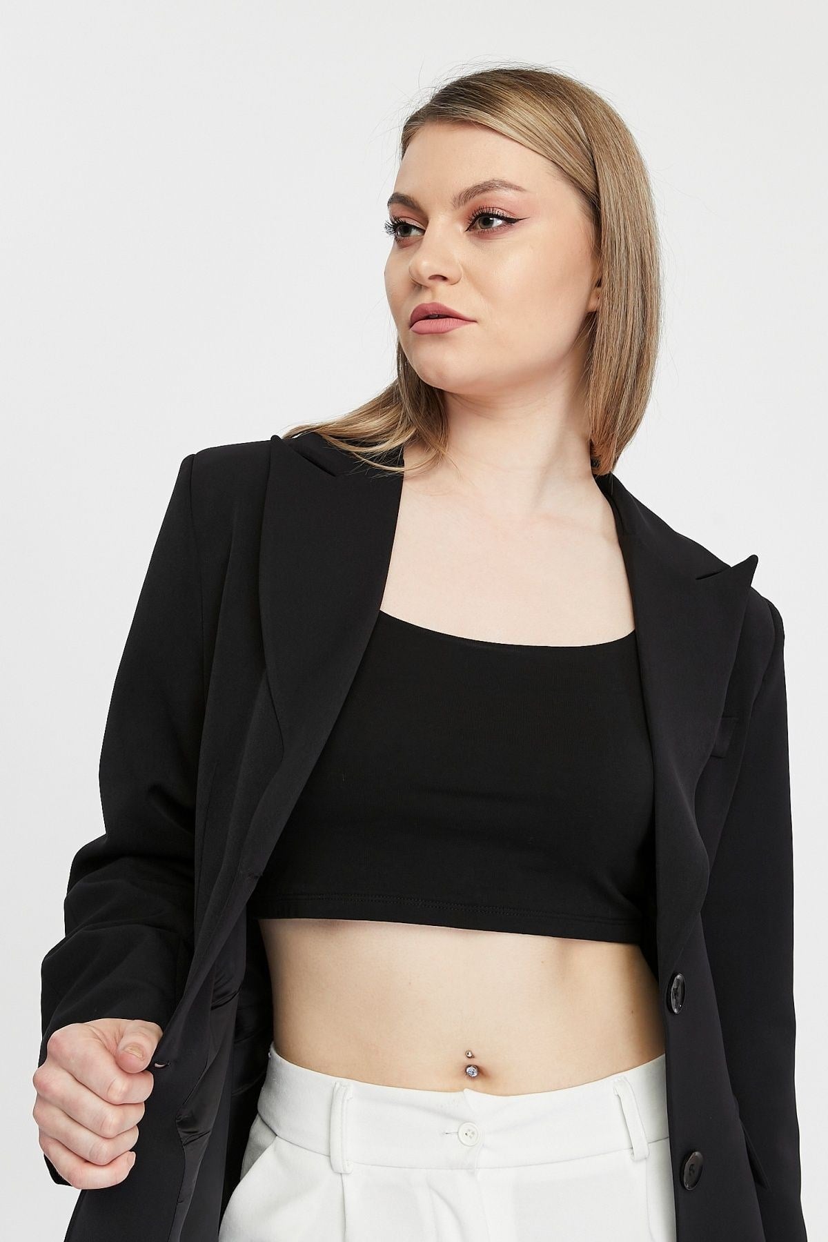 Siyah Regular Astarlı Kruvaze Kapama Dokuma Blazer Ceket