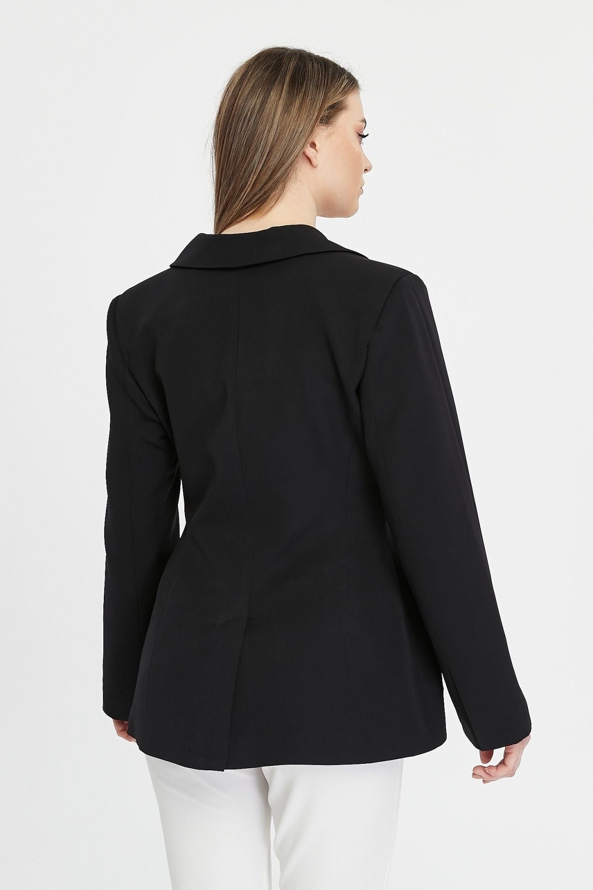 Siyah Regular Astarlı Kruvaze Kapama Dokuma Blazer Ceket