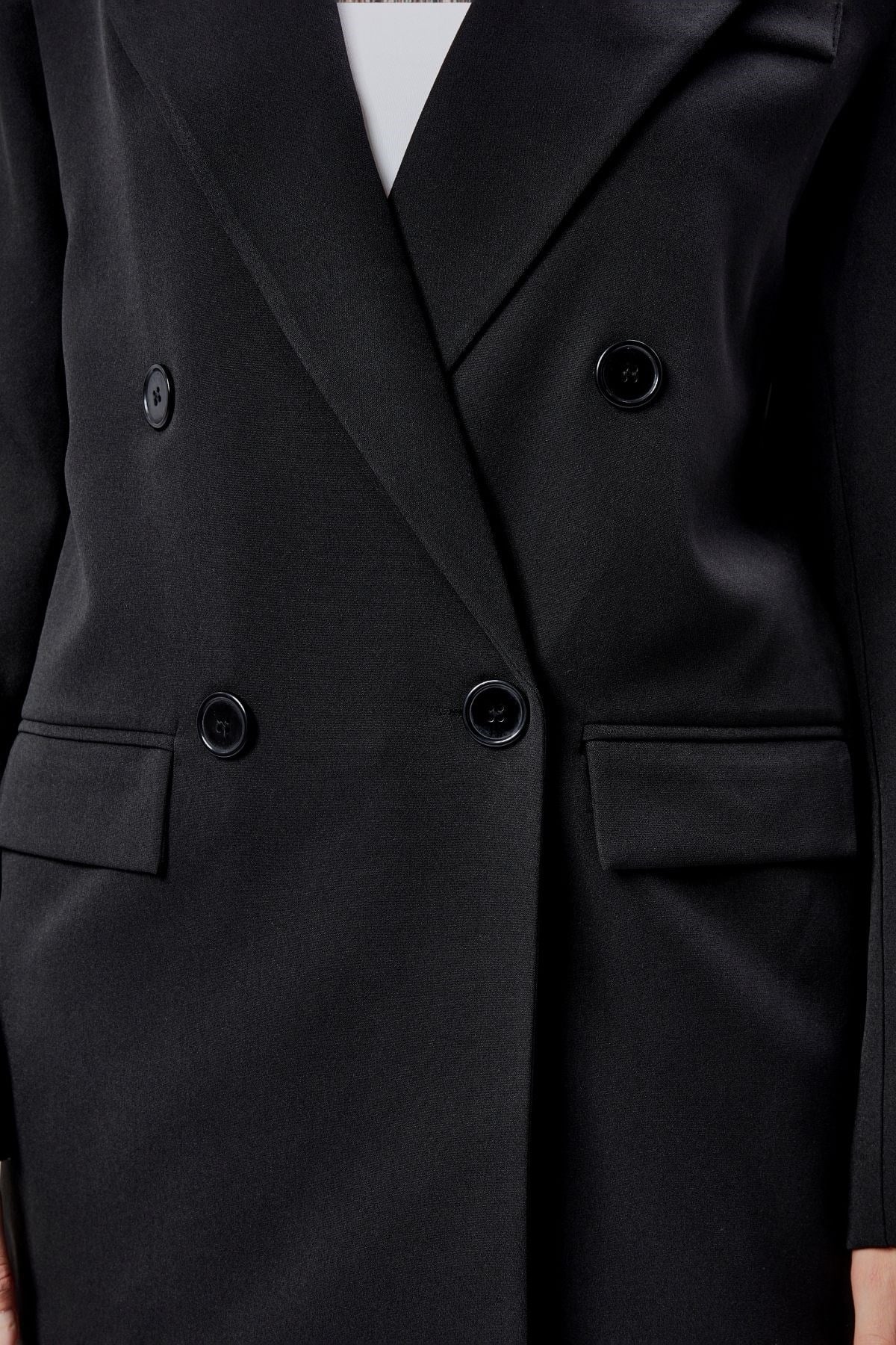 Siyah Regular Astarlı Kruvaze Kapama Dokuma Oversize Blazer Ceket