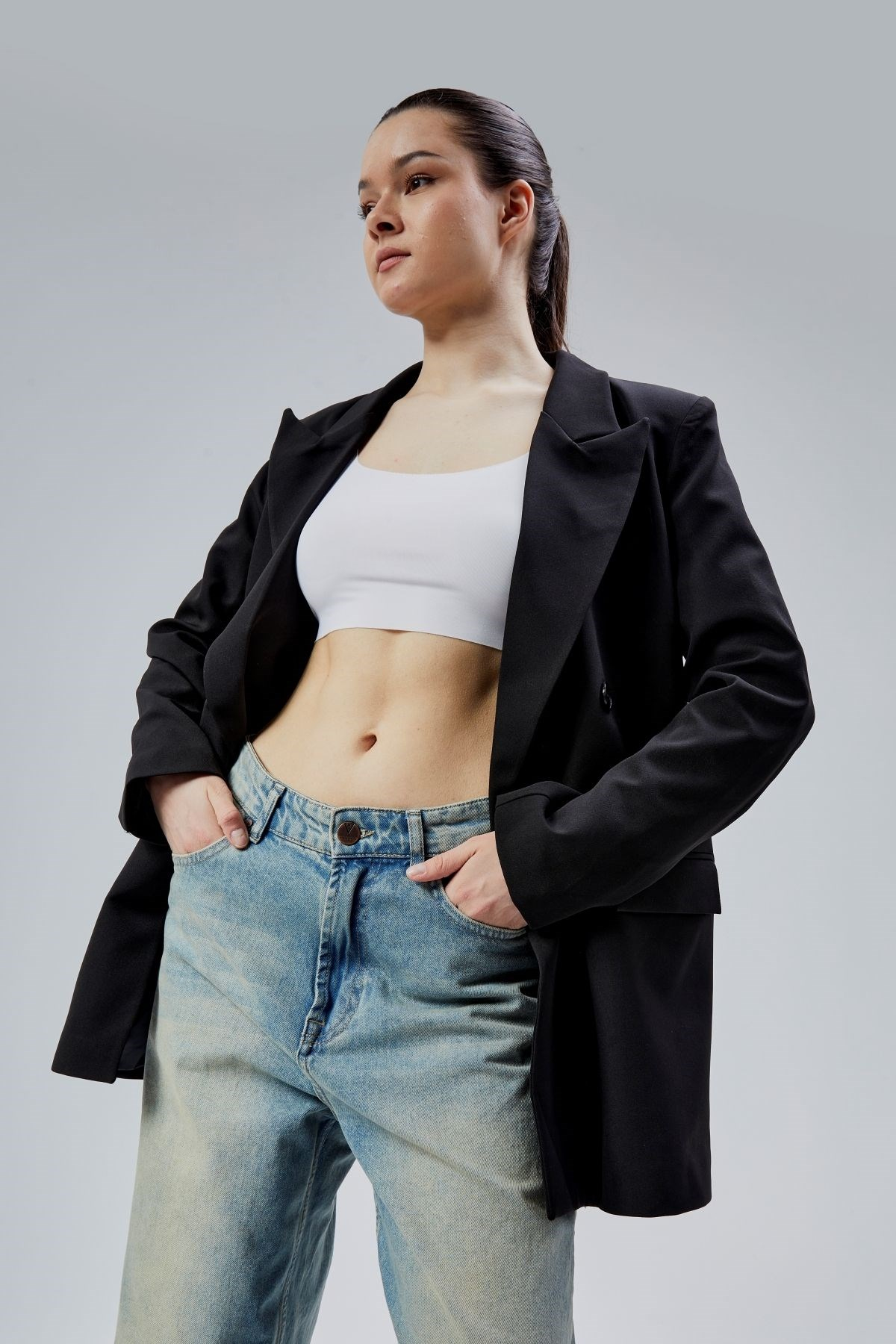 Siyah Regular Astarlı Kruvaze Kapama Dokuma Oversize Blazer Ceket