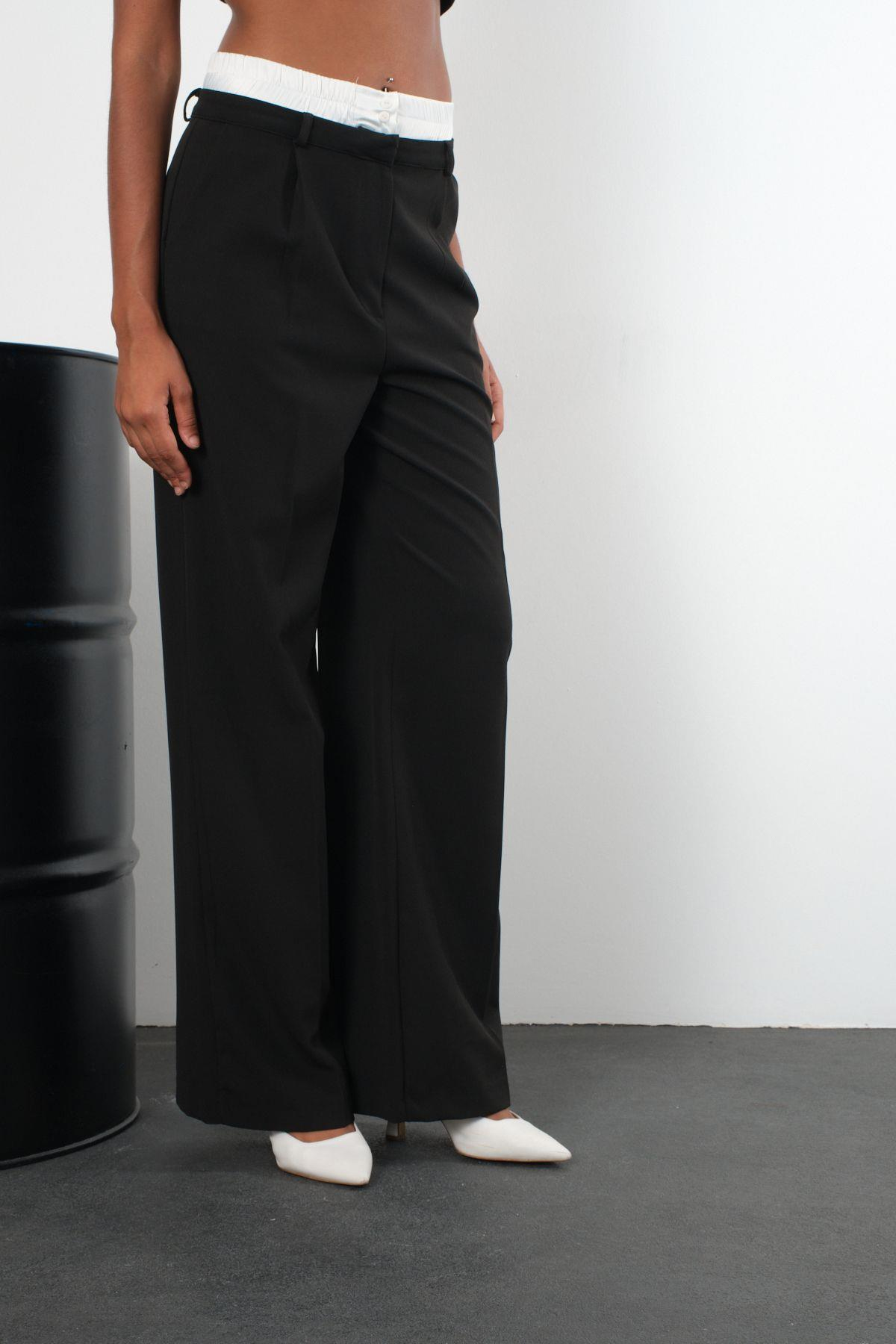 Siyah Regular Beli Garni Detaylı Pantolon
