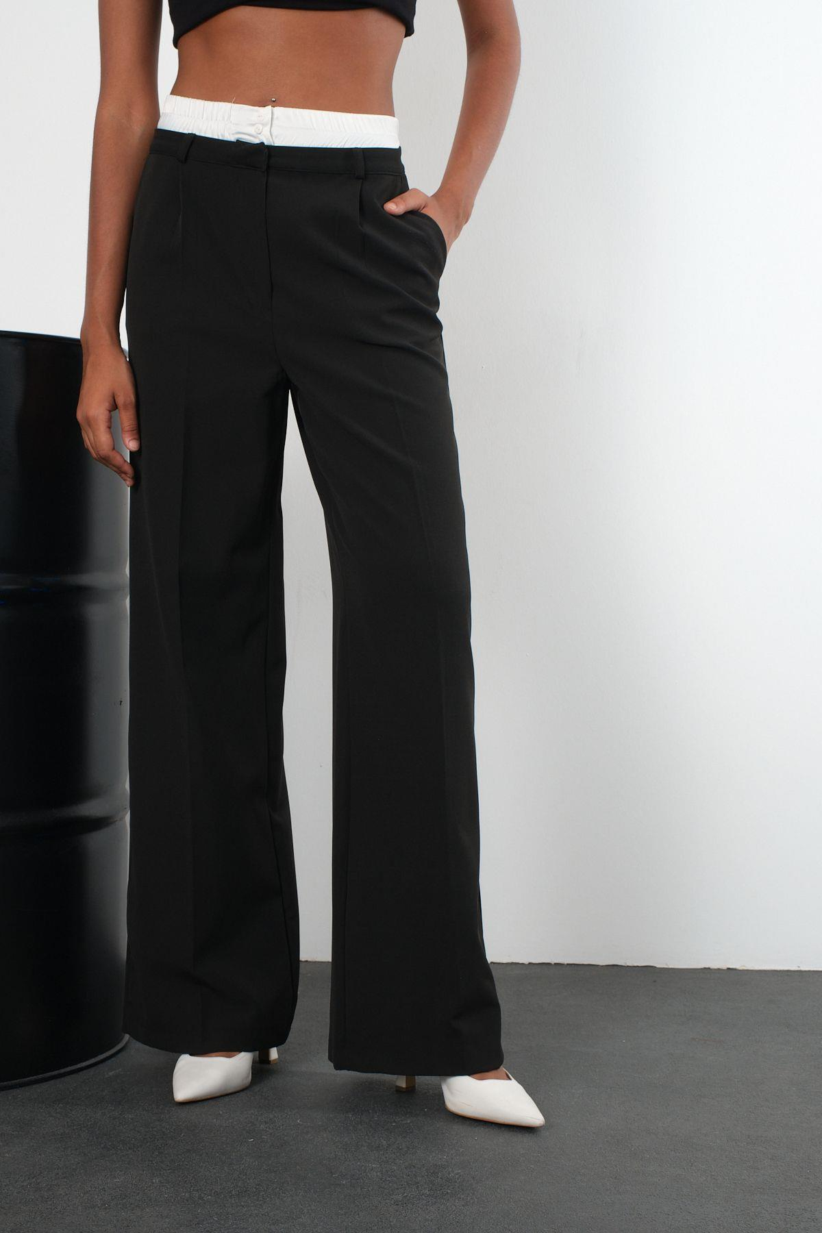 Siyah Regular Beli Garni Detaylı Pantolon