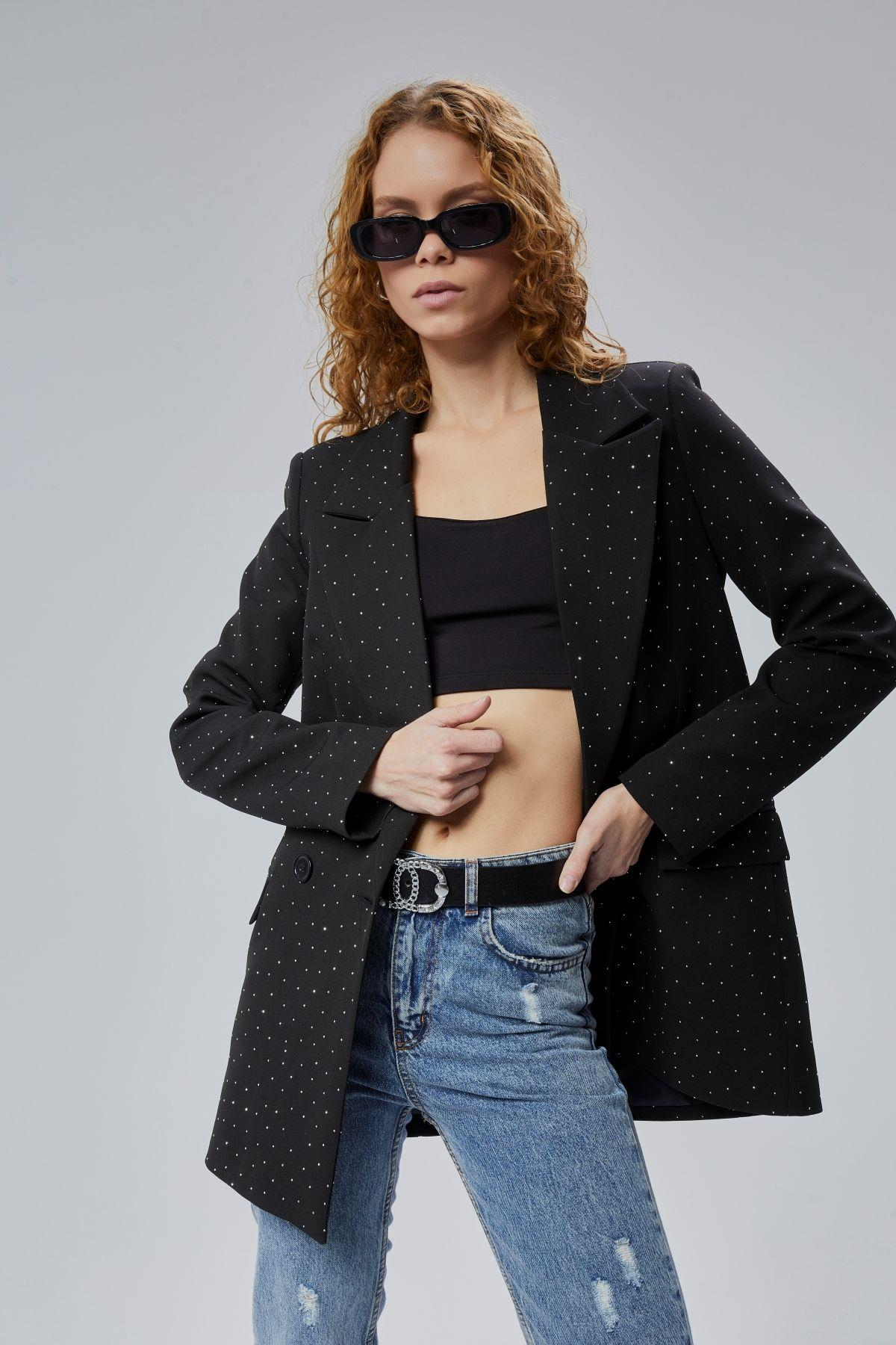 Siyah Regular Dokuma Astarlı Taş Detaylı Blazer Ceket