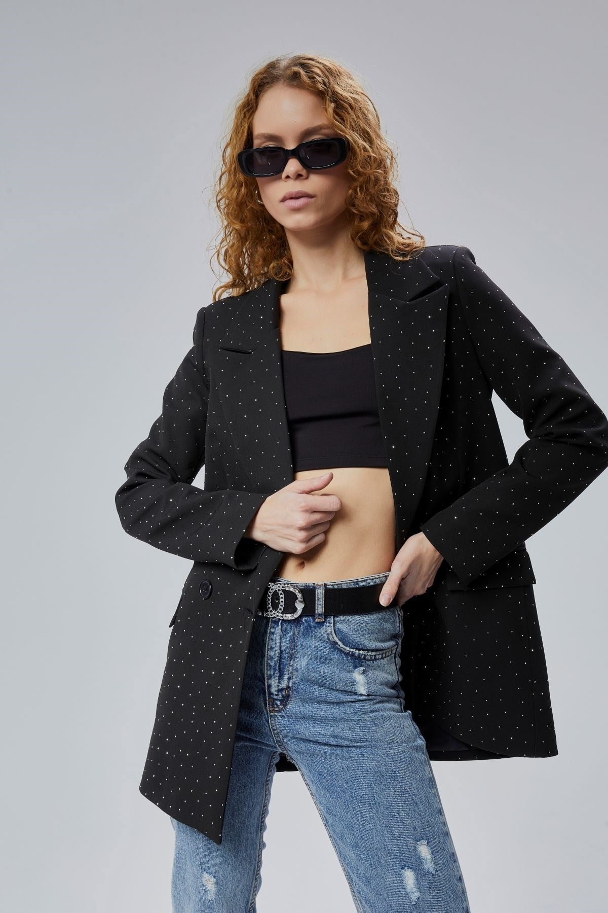 Siyah Regular Dokuma Astarlı Taş Detaylı Blazer Ceket