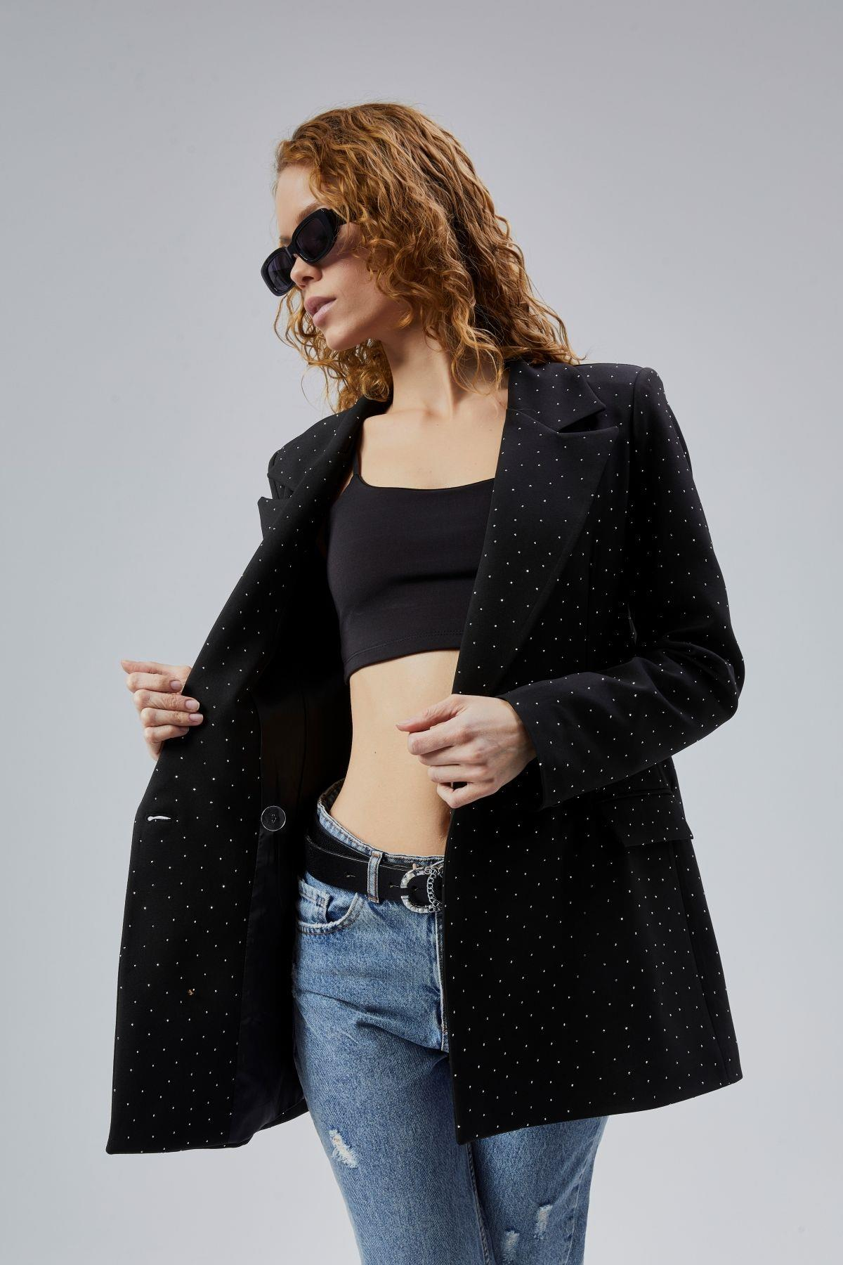 Siyah Regular Dokuma Astarlı Taş Detaylı Blazer Ceket