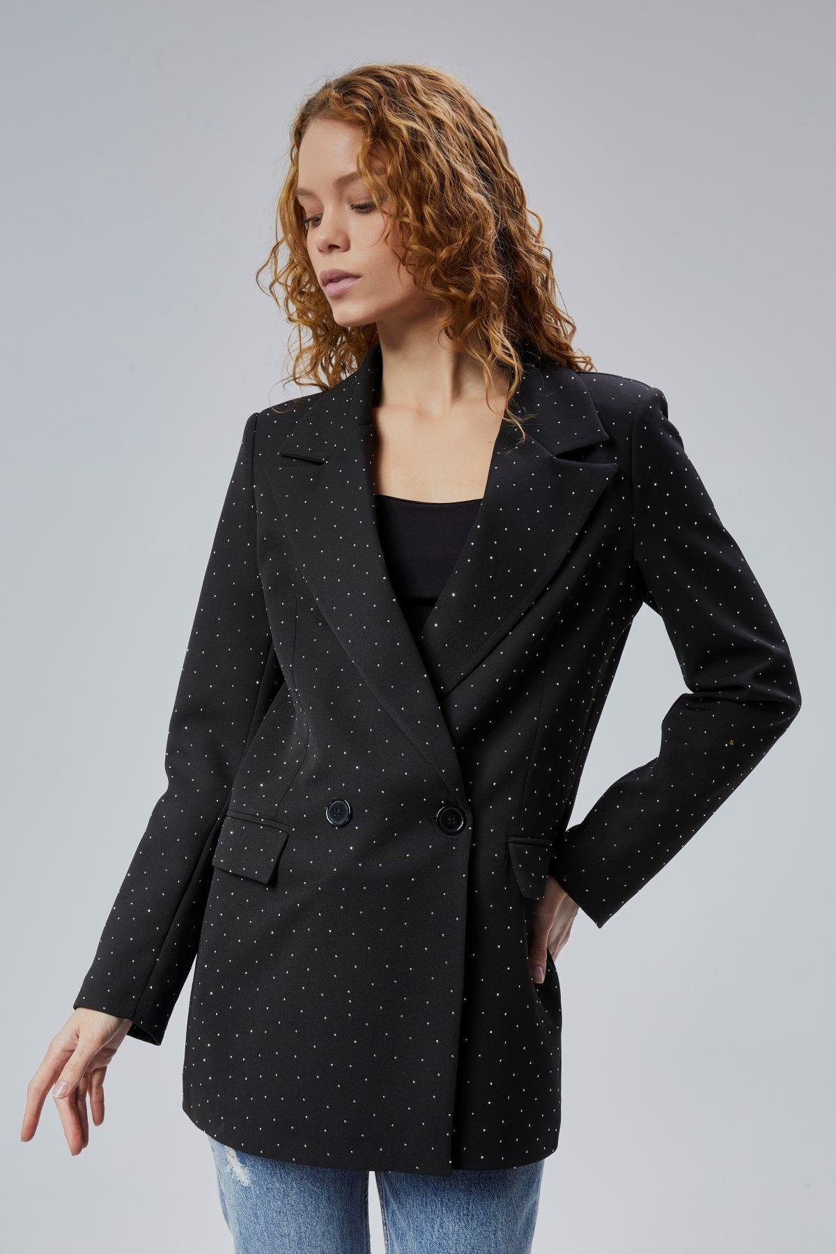 Siyah Regular Dokuma Astarlı Taş Detaylı Blazer Ceket
