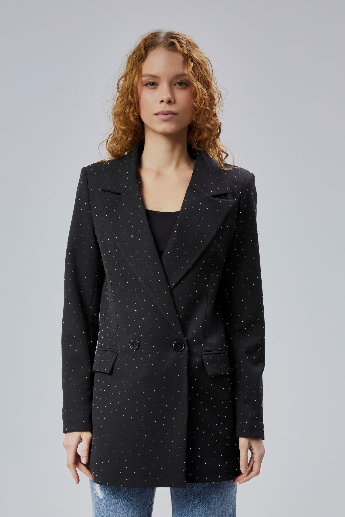 Siyah Regular Dokuma Astarlı Taş Detaylı Blazer Ceket