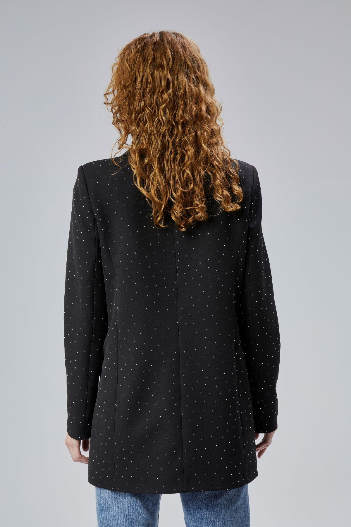 Siyah Regular Dokuma Astarlı Taş Detaylı Blazer Ceket