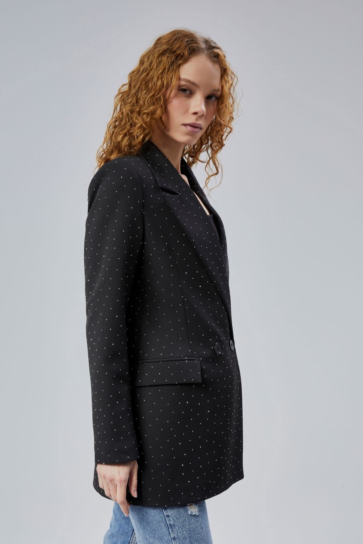 Siyah Regular Dokuma Astarlı Taş Detaylı Blazer Ceket