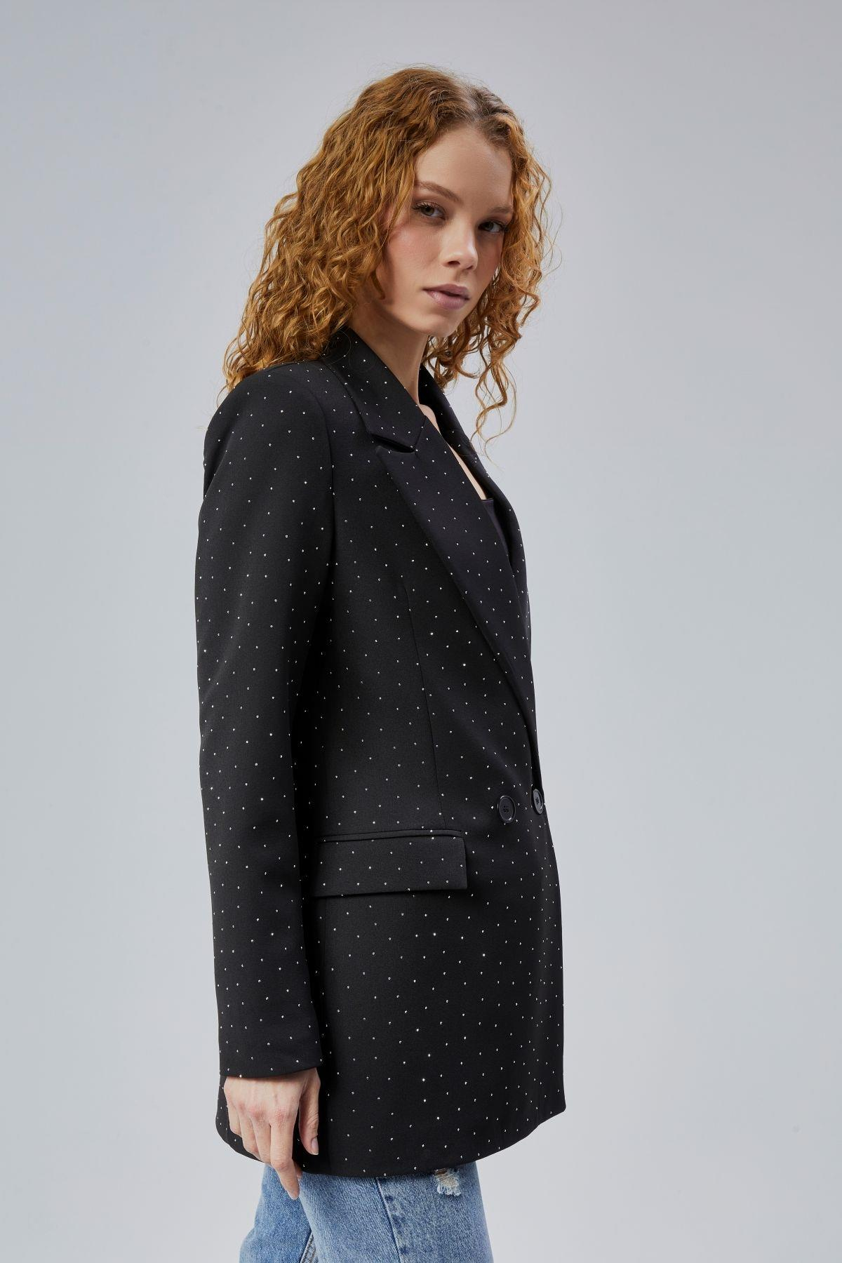 Siyah Regular Dokuma Astarlı Taş Detaylı Blazer Ceket