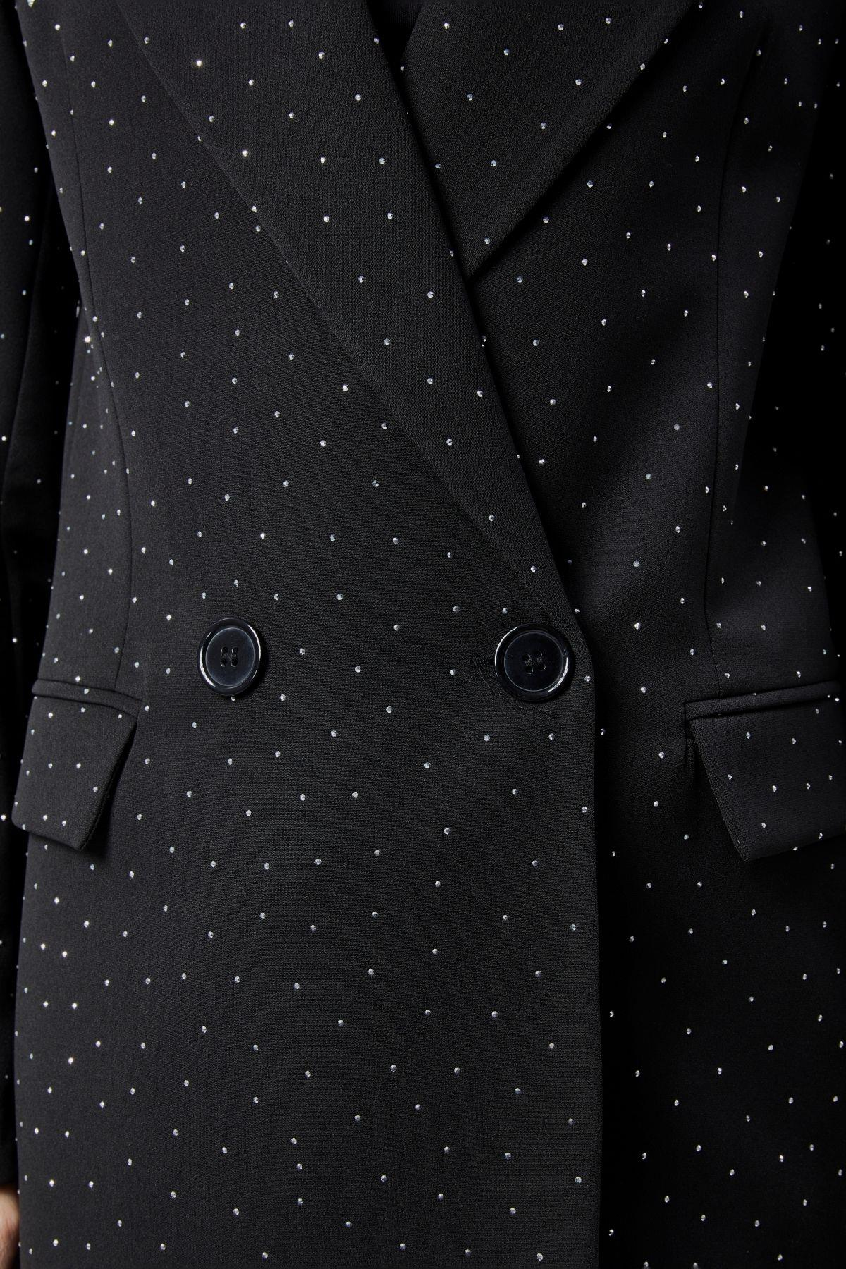Siyah Regular Dokuma Astarlı Taş Detaylı Blazer Ceket