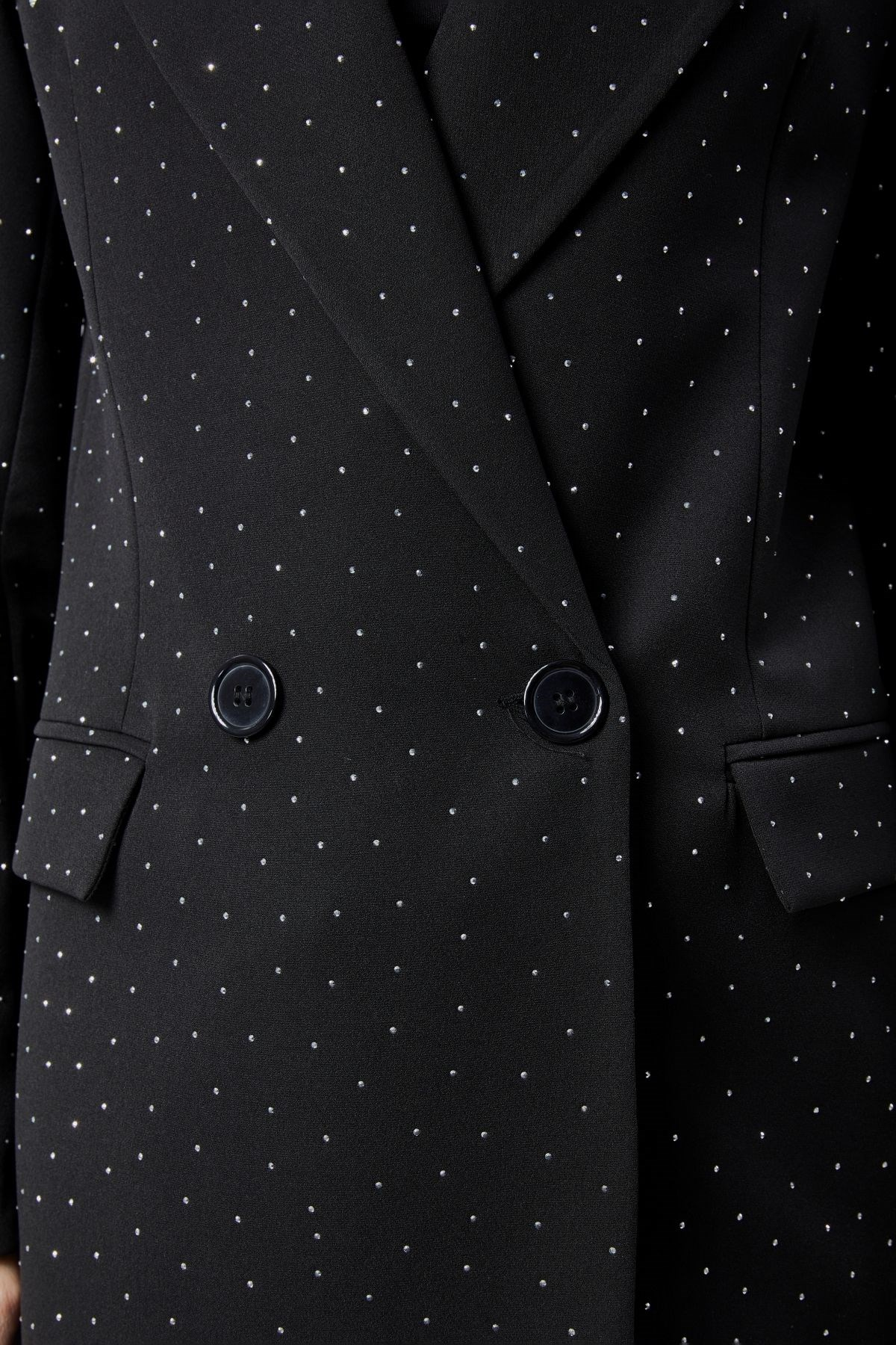 Siyah Regular Dokuma Astarlı Taş Detaylı Blazer Ceket