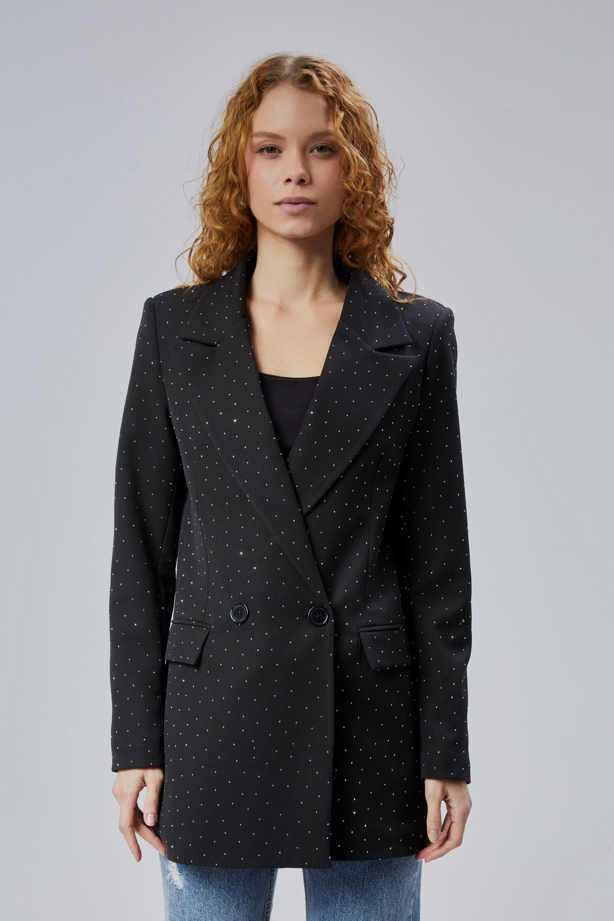 Siyah Regular Dokuma Astarlı Taş Detaylı Blazer Ceket