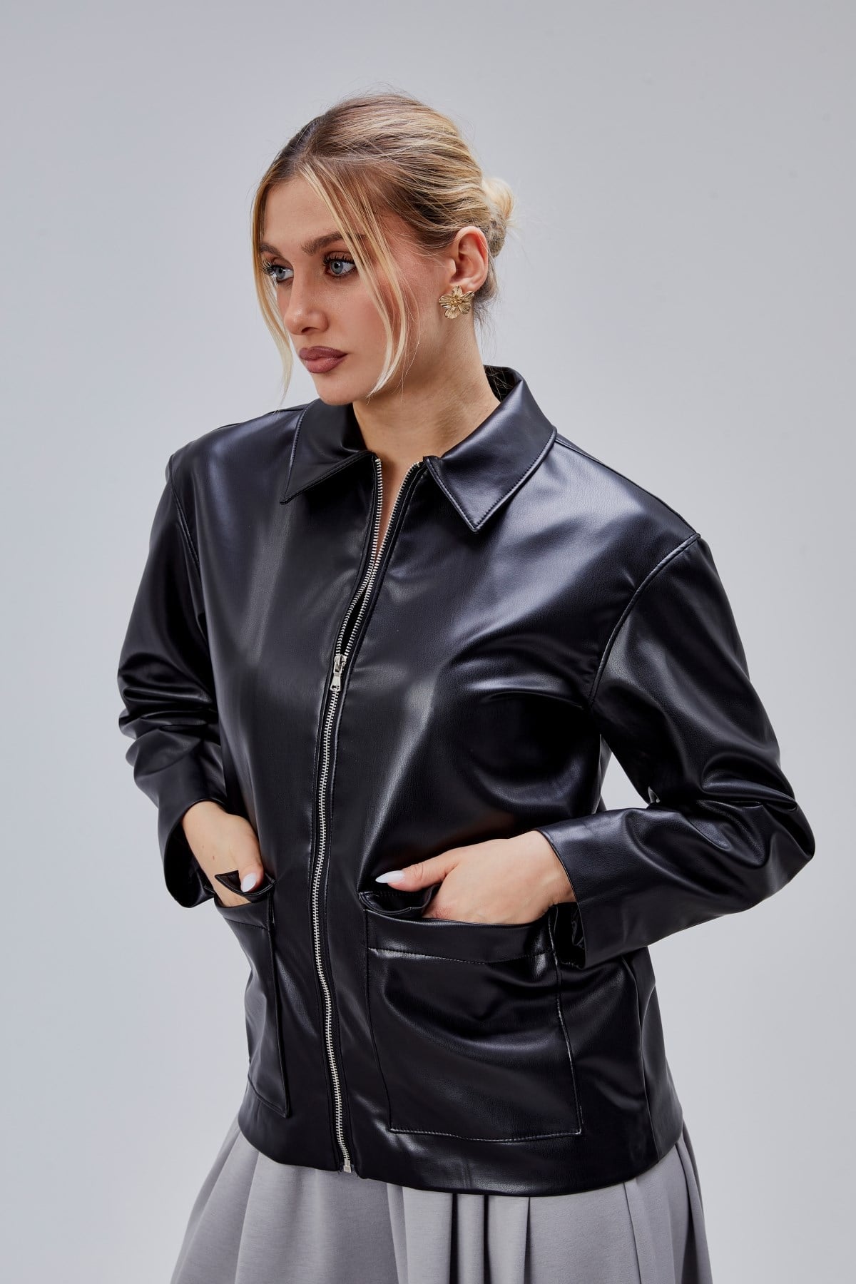 Siyah Regular Fit Deri Ceket