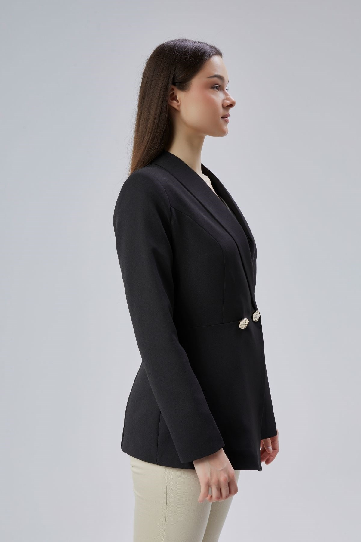 Siyah Regular Fit Pile Detaylı Blazer Ceket