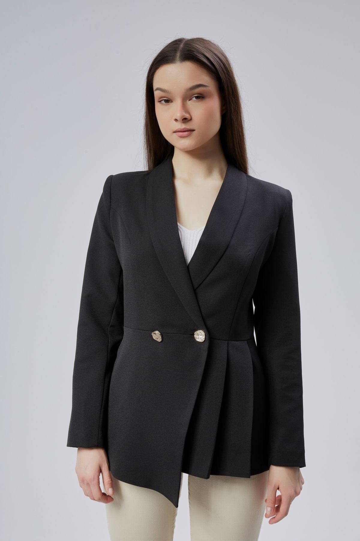 Siyah Regular Fit Pile Detaylı Blazer Ceket