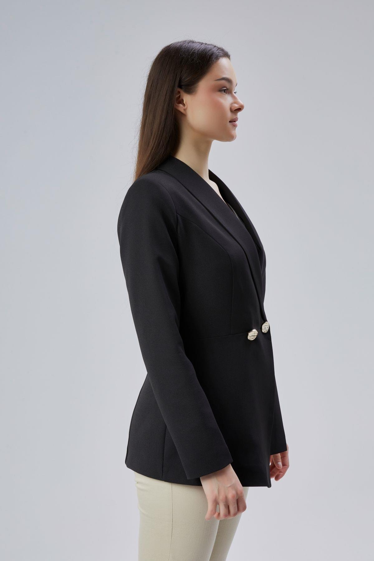 Siyah Regular Fit Pile Detaylı Blazer Ceket