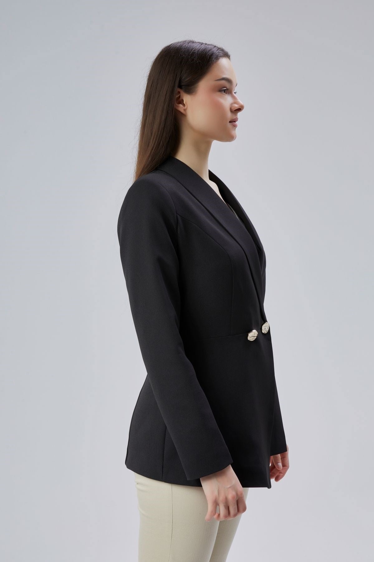 Siyah Regular Fit Pile Detaylı Blazer Ceket