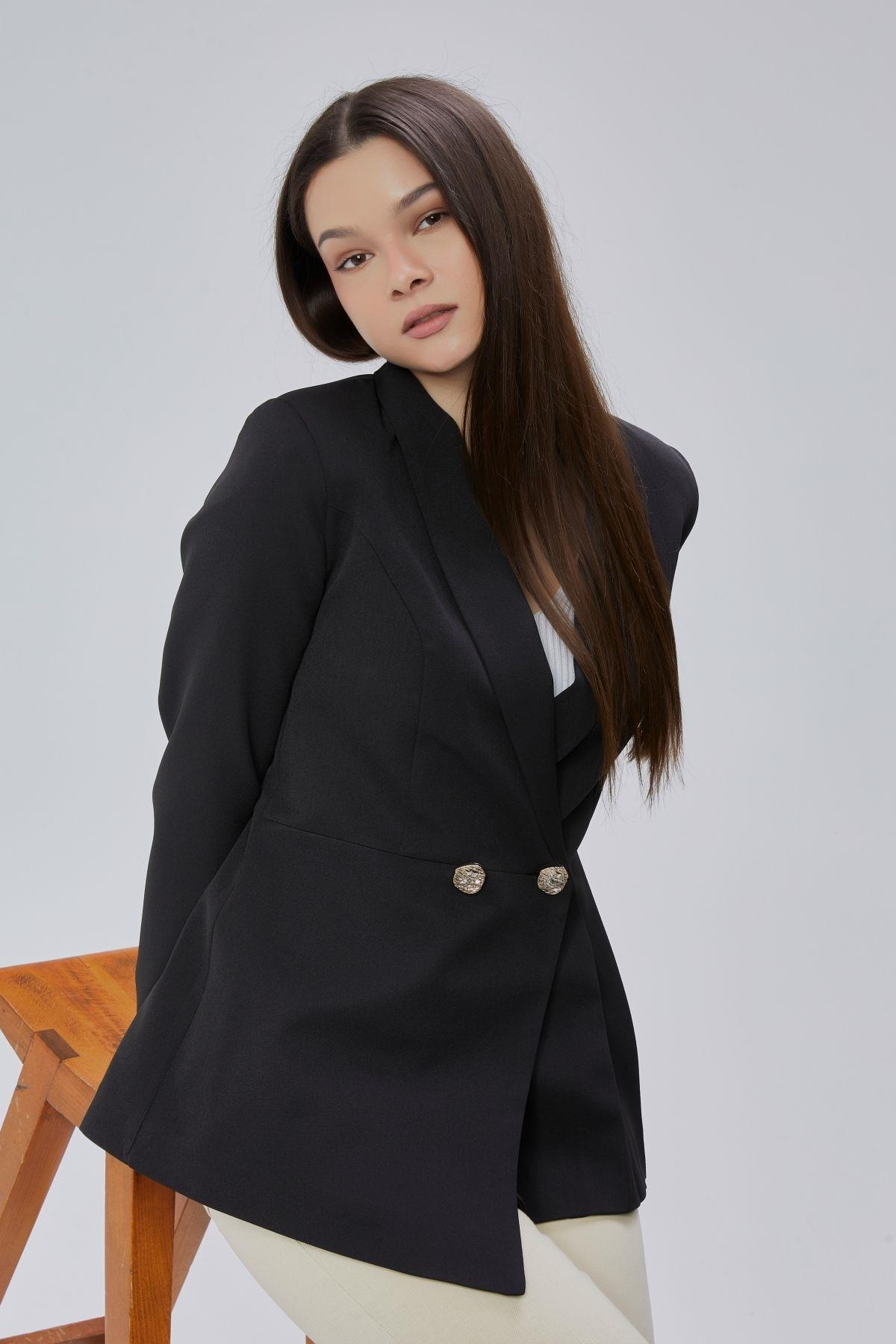 Siyah Regular Fit Pile Detaylı Blazer Ceket