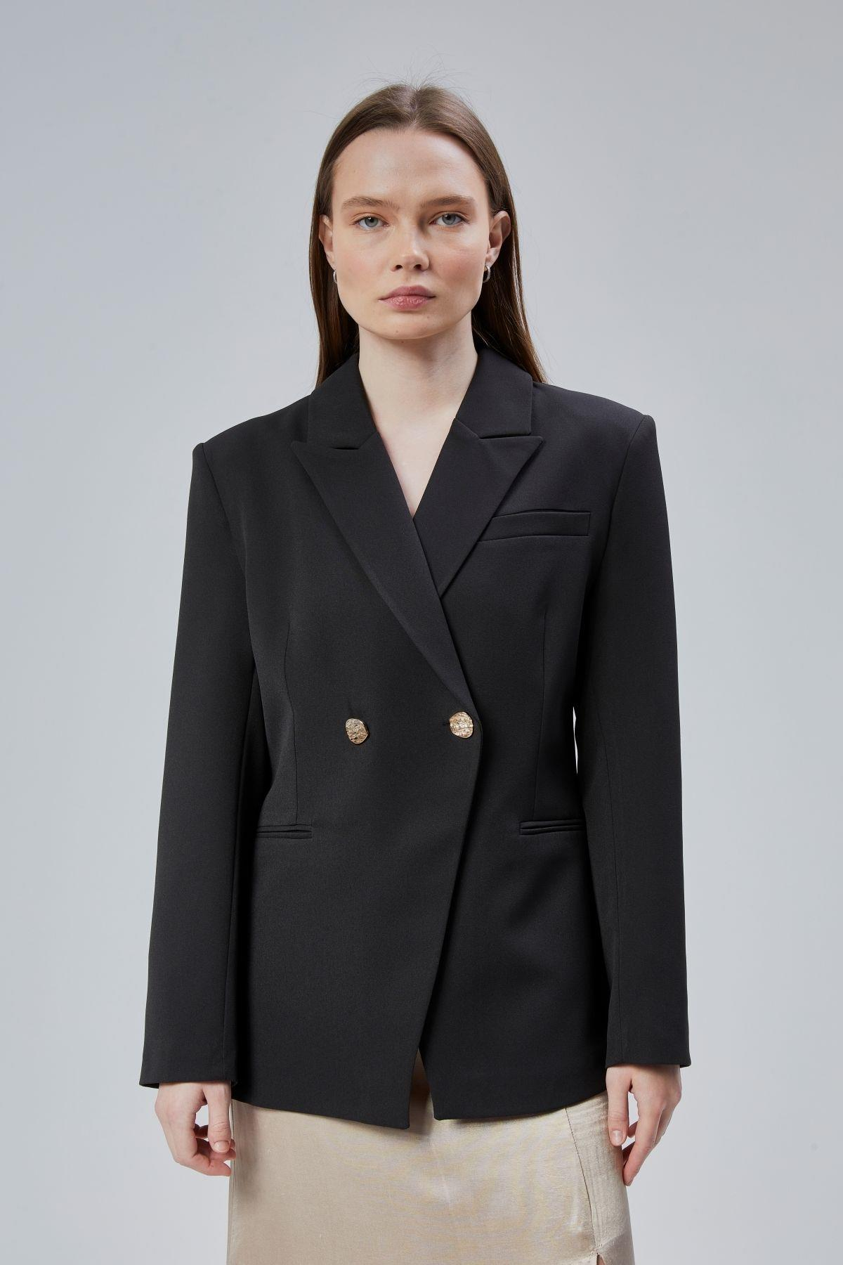 Siyah Regular Fit Yırtmaç Detaylı Blazer Ceket