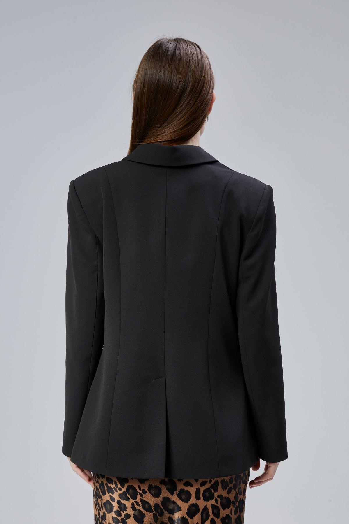 Siyah Regular Fit Yırtmaç Detaylı Blazer Ceket