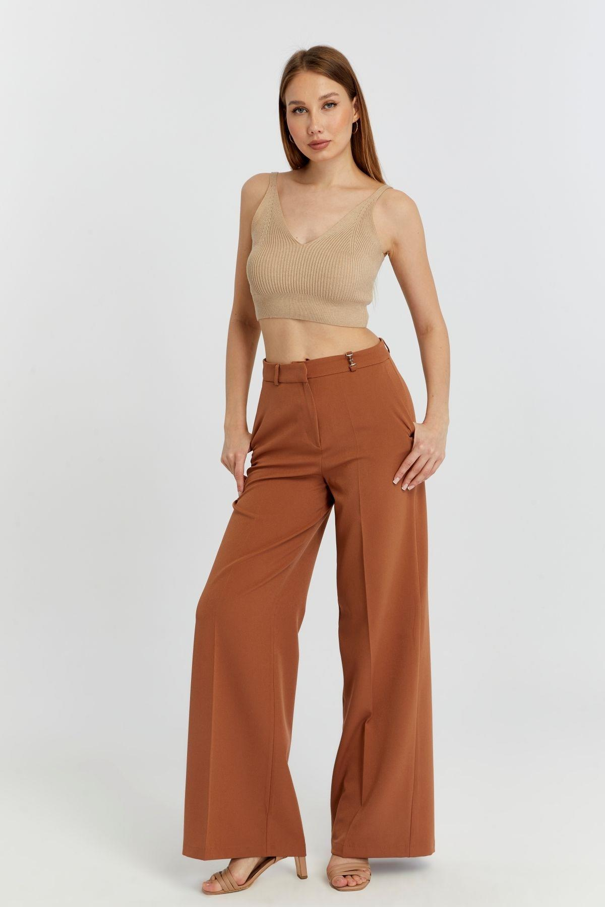 Taba Rengi Palazzo Geniş Paça Dokuma Kumaş Pantolon