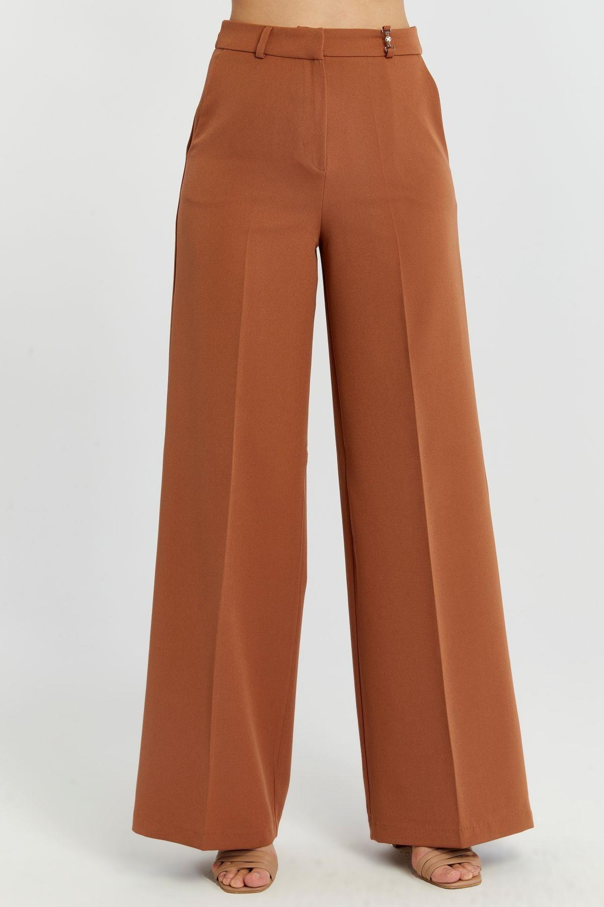 Taba Rengi Palazzo Geniş Paça Dokuma Kumaş Pantolon