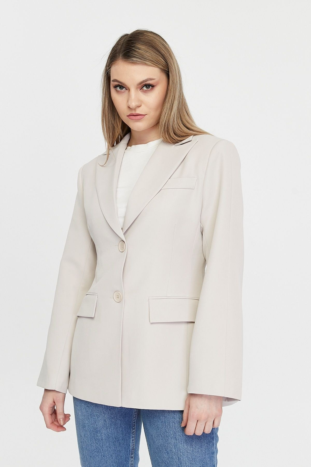 Taş Regular Astarlı Kruvaze Kapama Dokuma Blazer Ceket