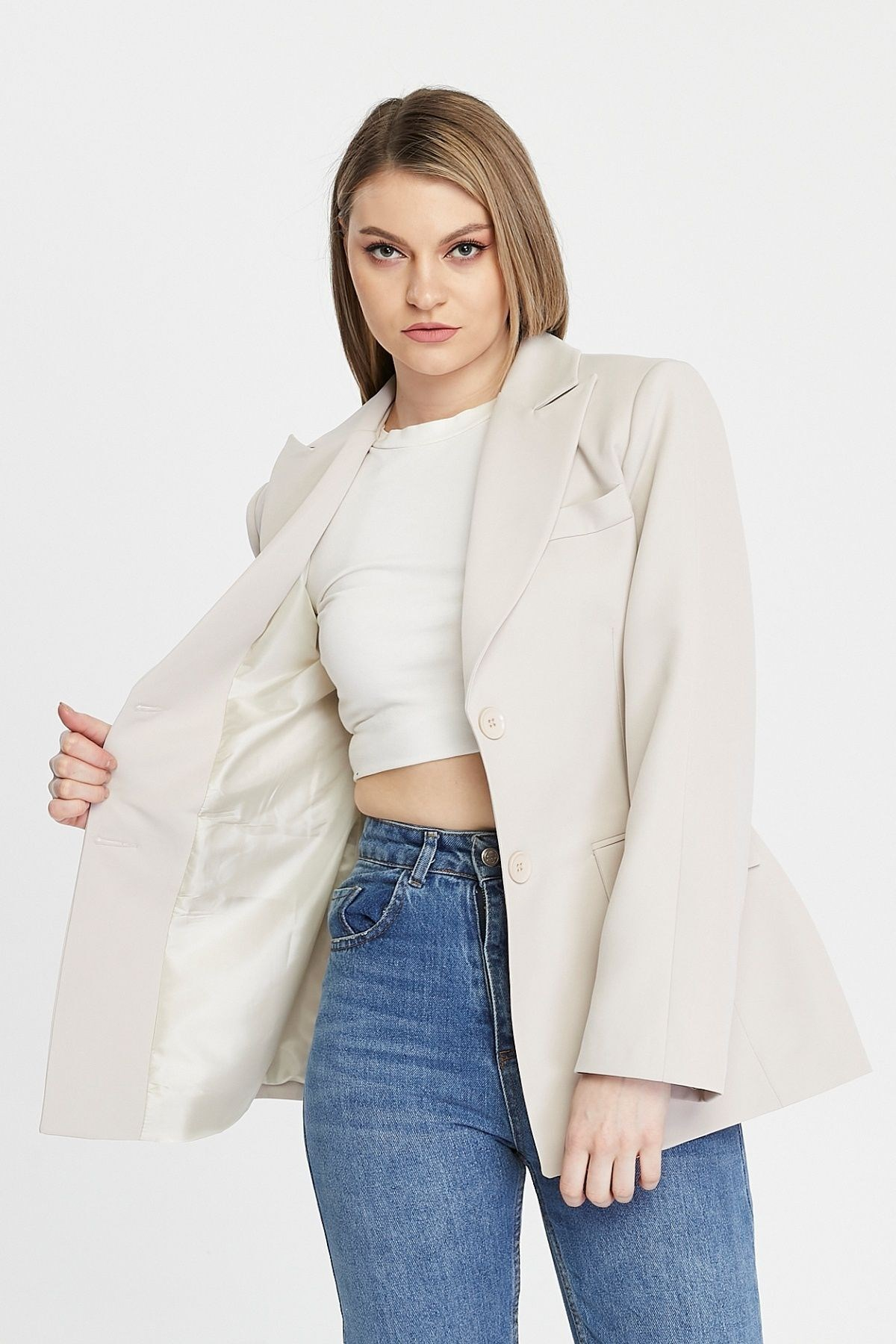 Taş Regular Astarlı Kruvaze Kapama Dokuma Blazer Ceket