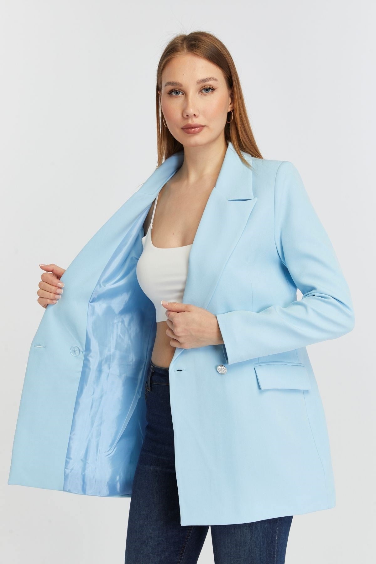 Turkuaz Oversize Dokuma Blazer Ceket
