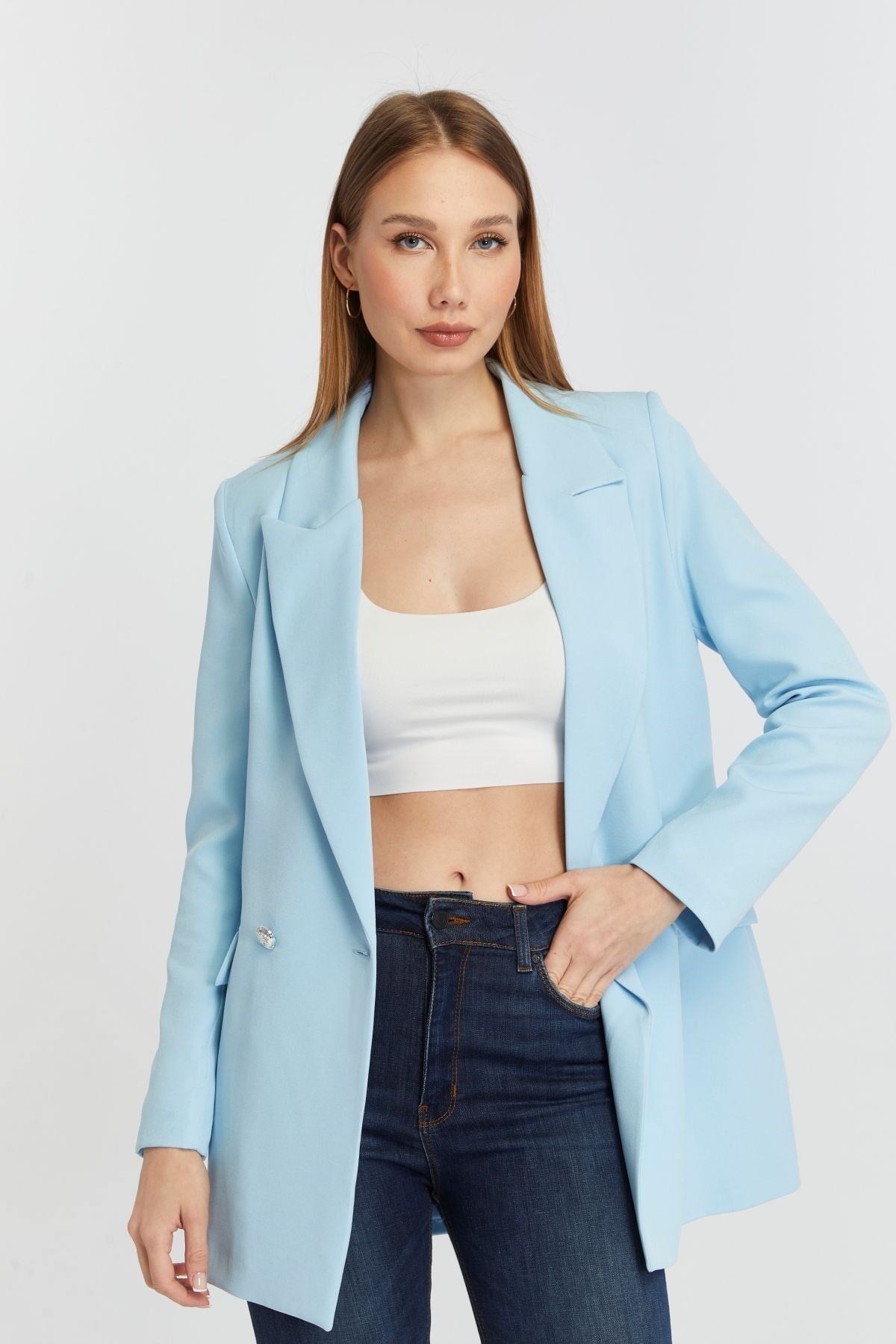 Turkuaz Oversize Dokuma Blazer Ceket