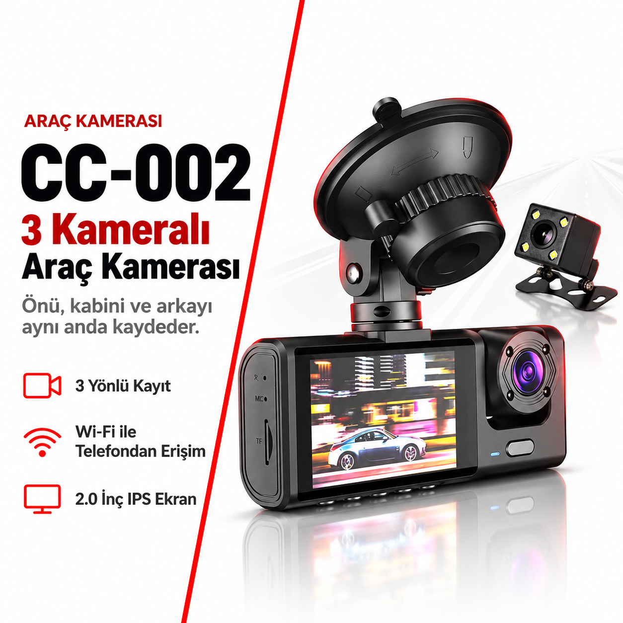 S-Line CC-002 3 Kameralı Araç Kamerası Ön Kabin Arka Wi-Fi 2MP 2 inç Ekranlı