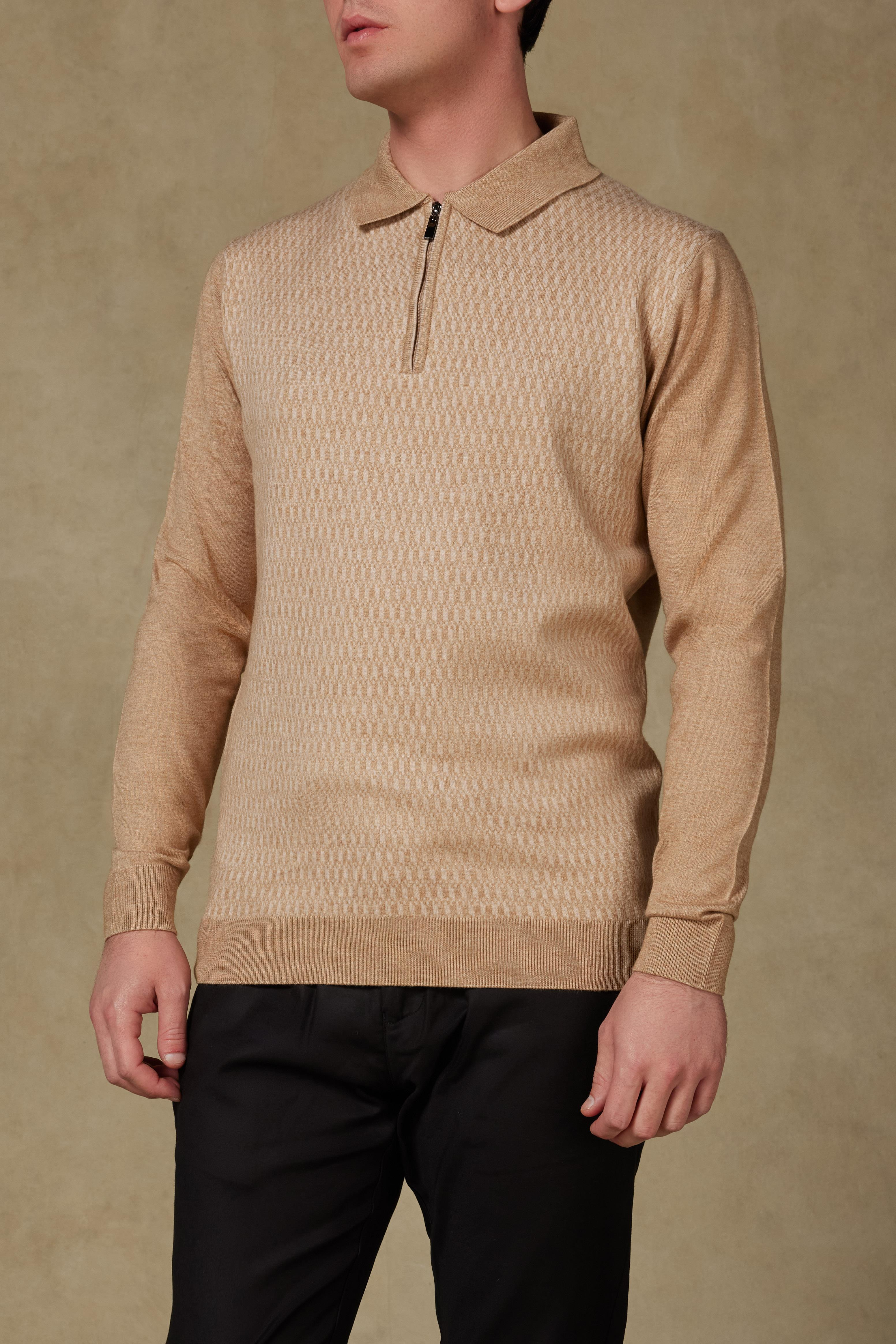 Abbate Claro Örme Kumaş Kaşmir Karışımlı Modern Fit Bej Polo Yaka Erkek Desenli Triko
