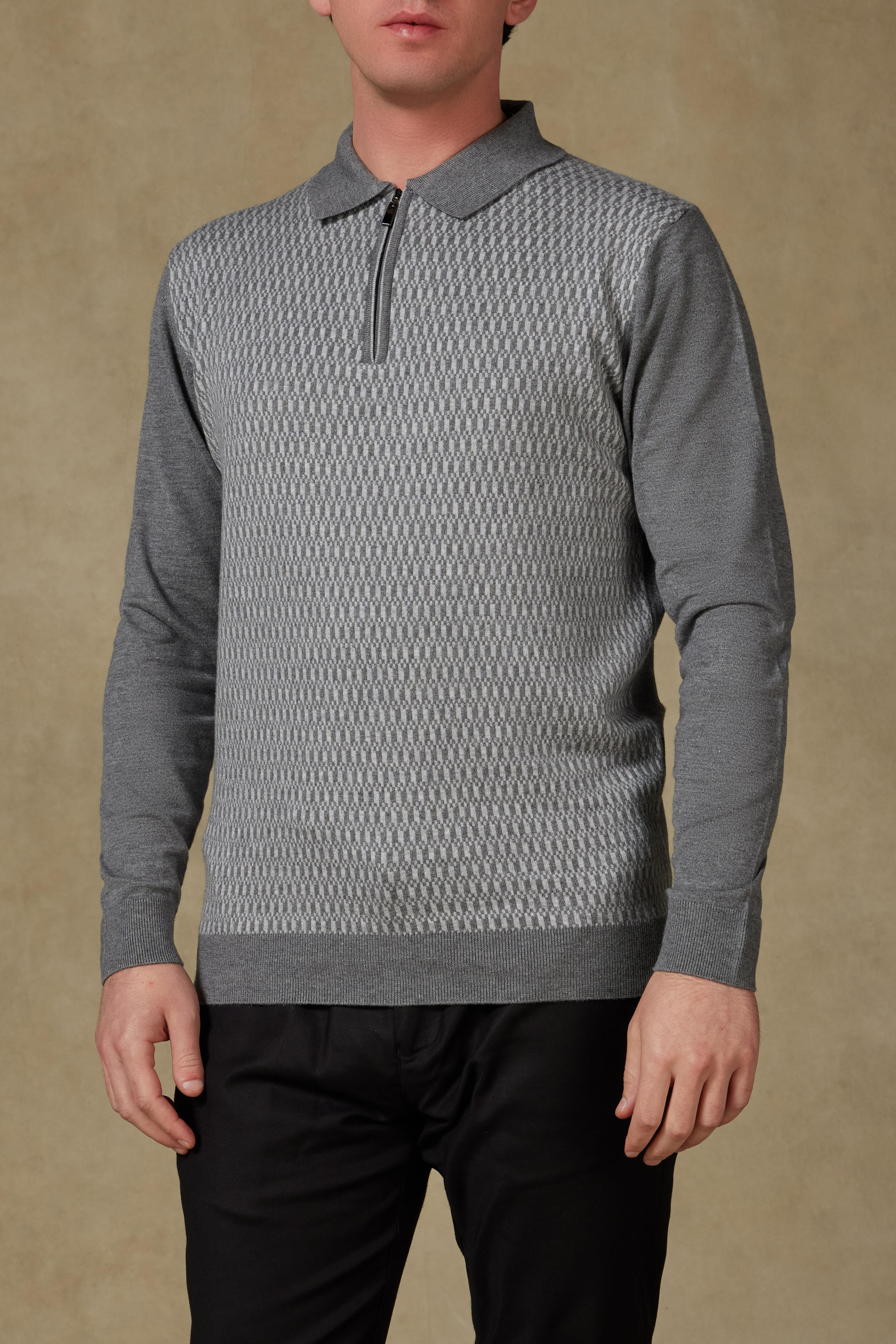 Abbate Claro Örme Kumaş Kaşmir Karışımlı Modern Fit Gri Polo Yaka Erkek Desenli Triko
