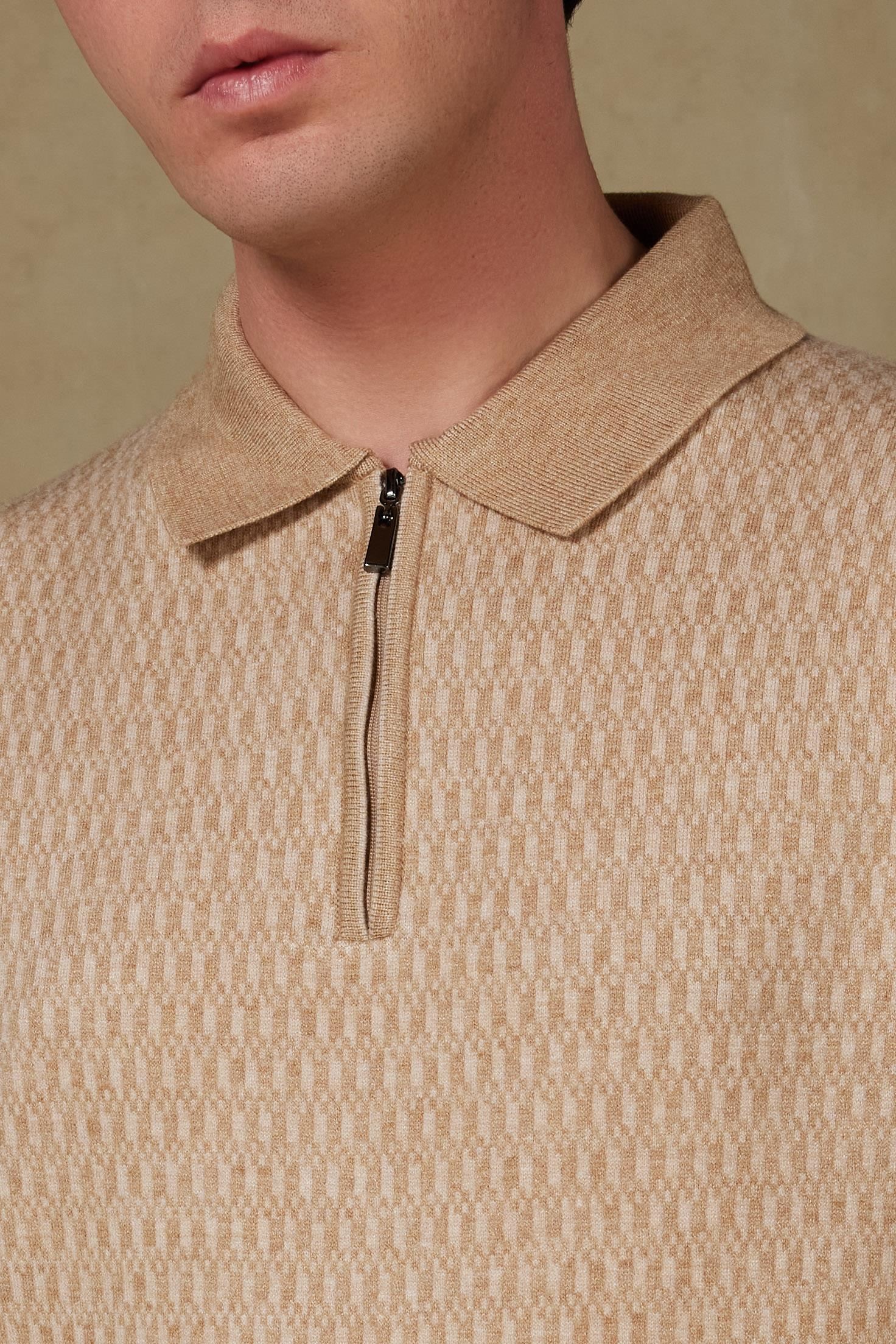 Abbate Claro Örme Kumaş Kaşmir Karışımlı Modern Fit Bej Polo Yaka Erkek Desenli Triko