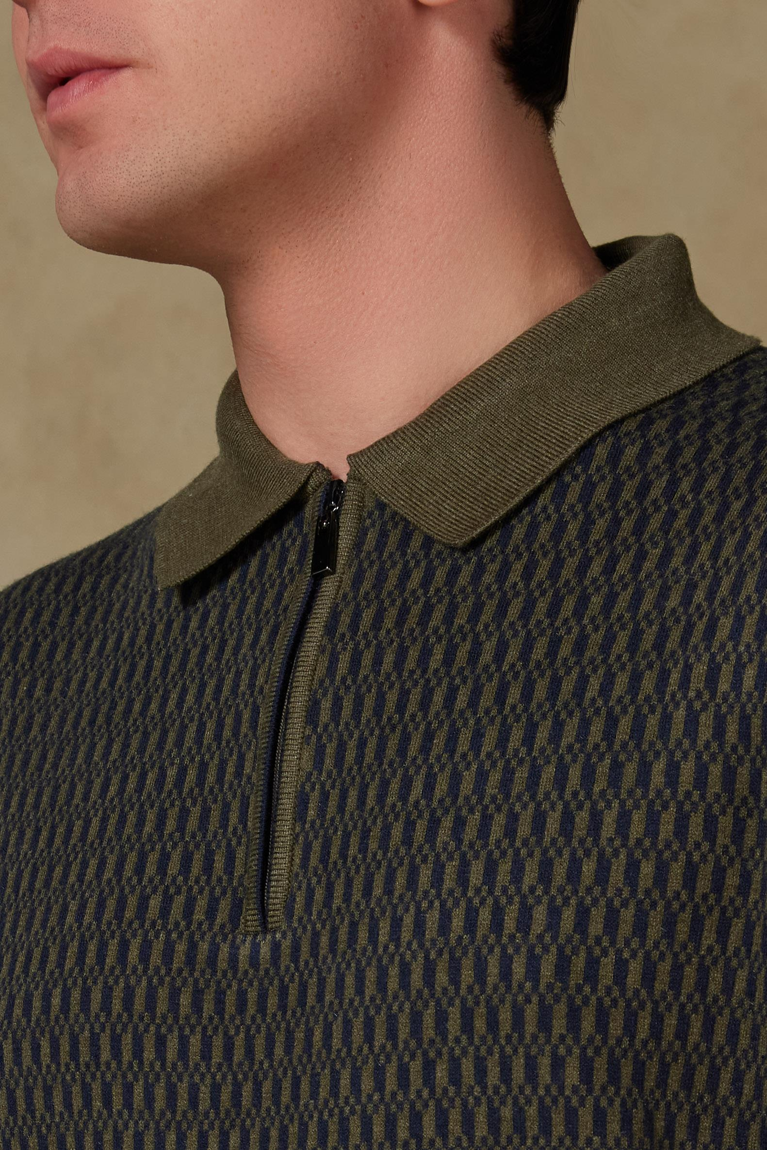 Abbate Claro Örme Kumaş Kaşmir Karışımlı Modern Fit Haki Polo Yaka Erkek Desenli Triko