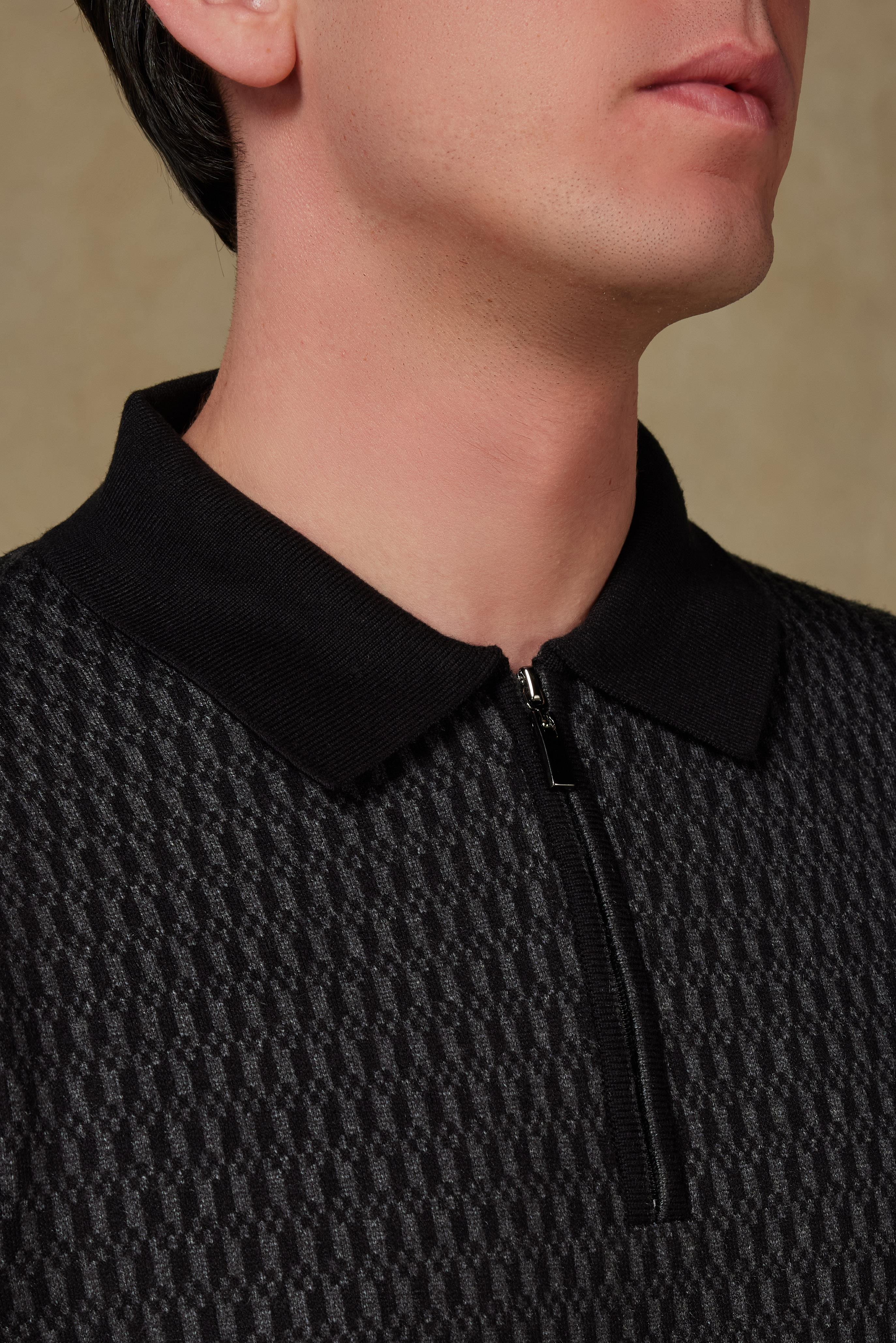Abbate Claro Örme Kumaş Kaşmir Karışımlı Modern Fit Siyah Polo Yaka Erkek Desenli Triko