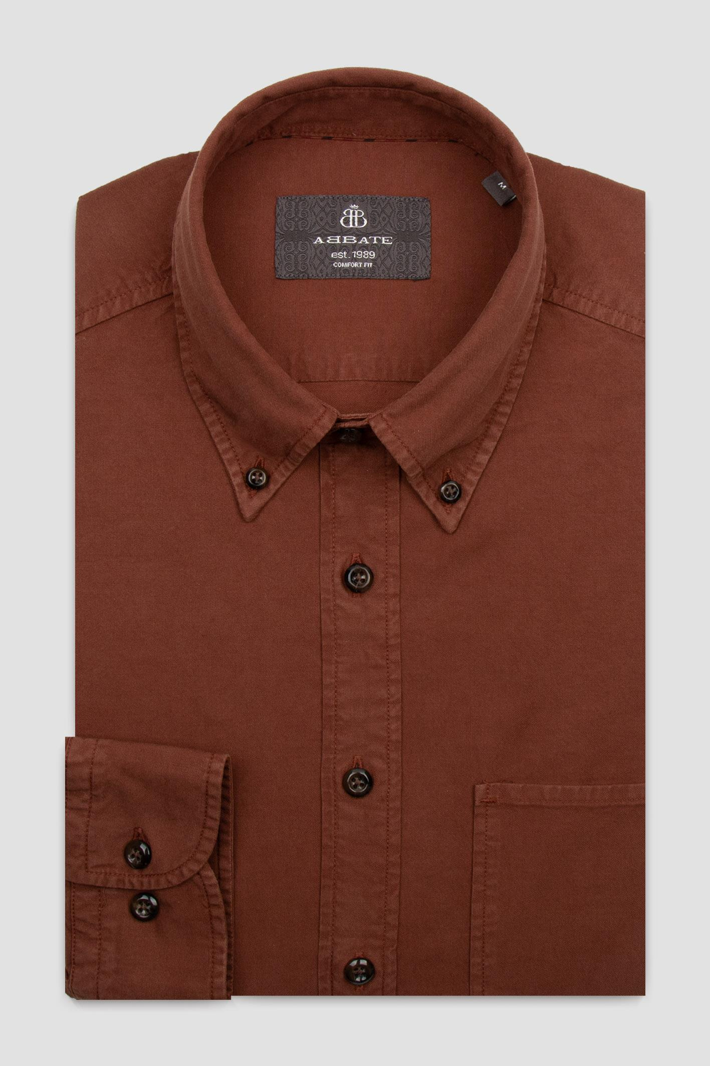 Abbate Federico Dokuma Tencel (Lyocell) Comfort Fit Kahverengi Düğmeli Yaka Erkek Düz Gömlek