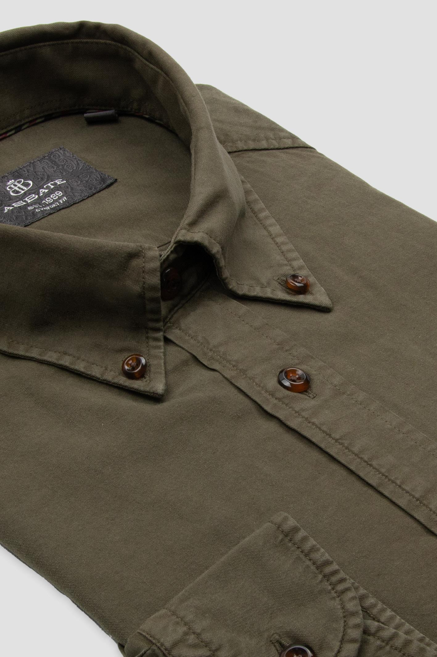 Abbate Federico Dokuma Tencel (Lyocell) Comfort Fit Haki Düğmeli Yaka Erkek Düz Gömlek