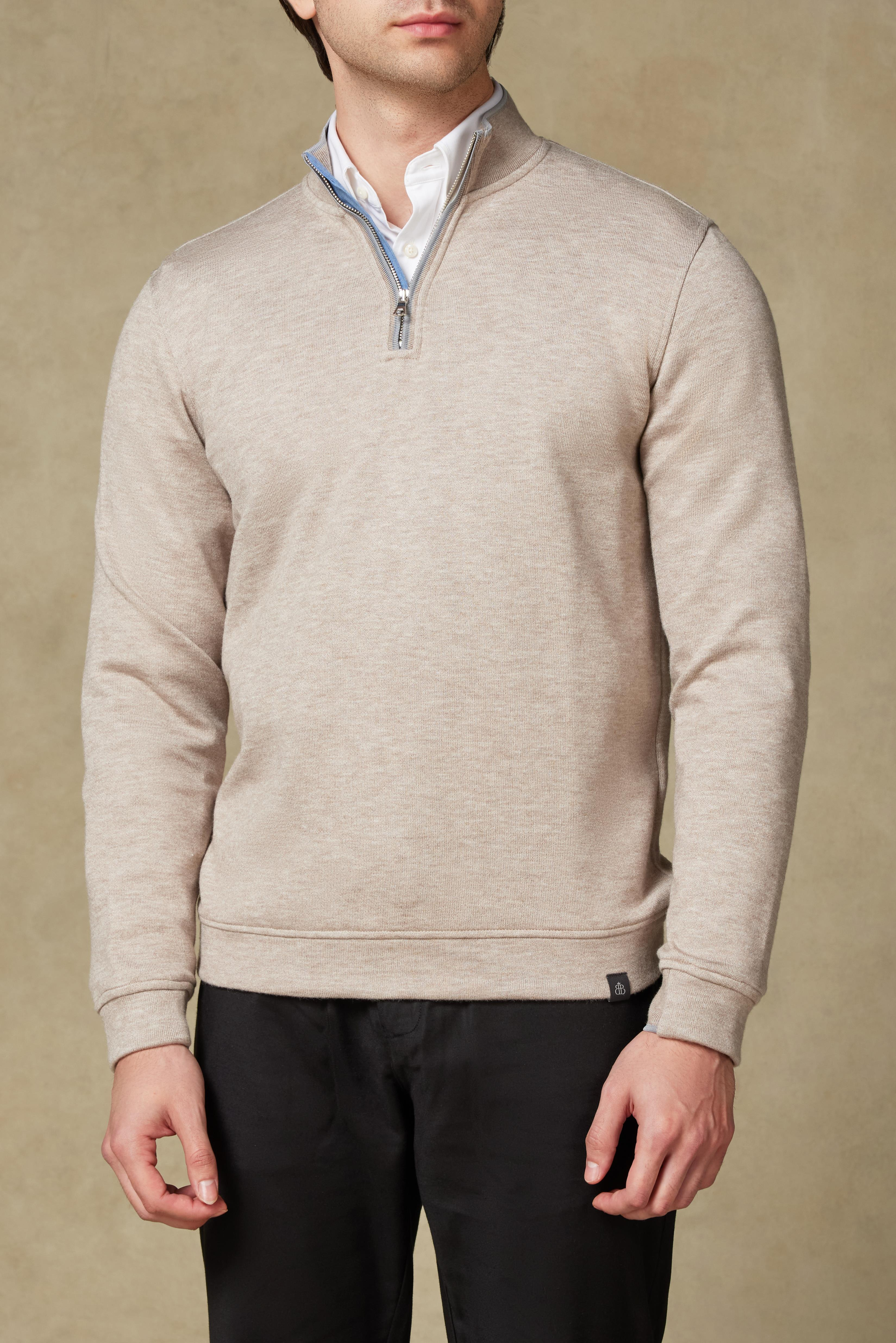 Abbate Fiero Örme Kumaş Viskon Karışımlı Modern Fit Bej Dik Yaka Erkek Düz Sweatshirt