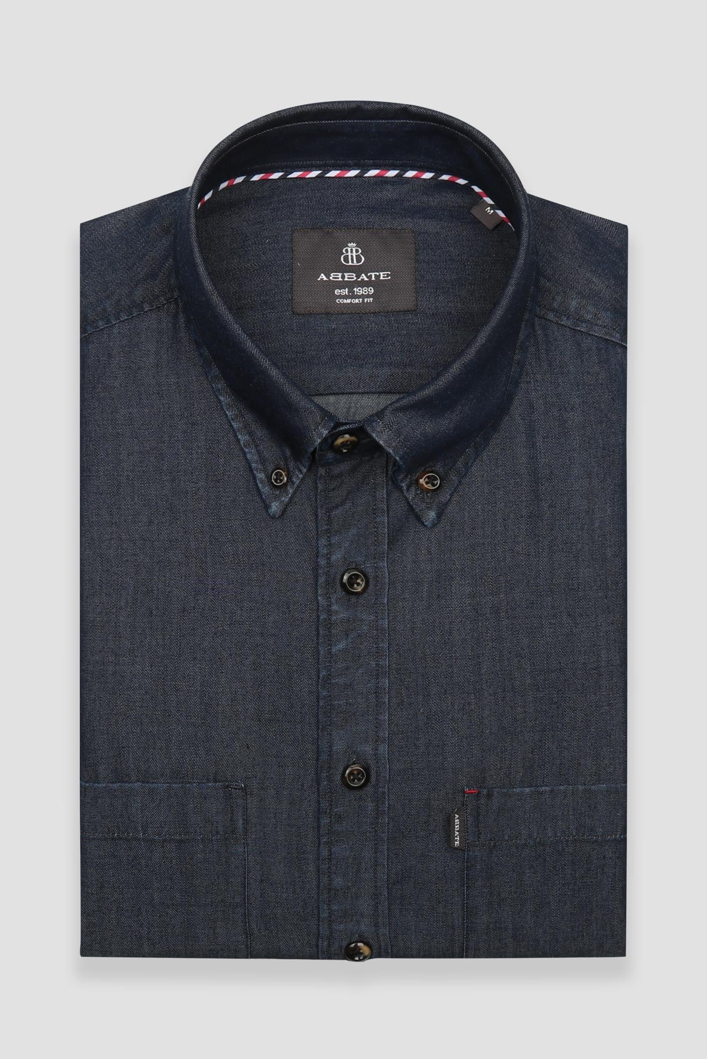 Abbate Gino Denim Tencel (Lyocell) Comfort Fit Lacivert Düğmeli Yaka Erkek Düz Gömlek