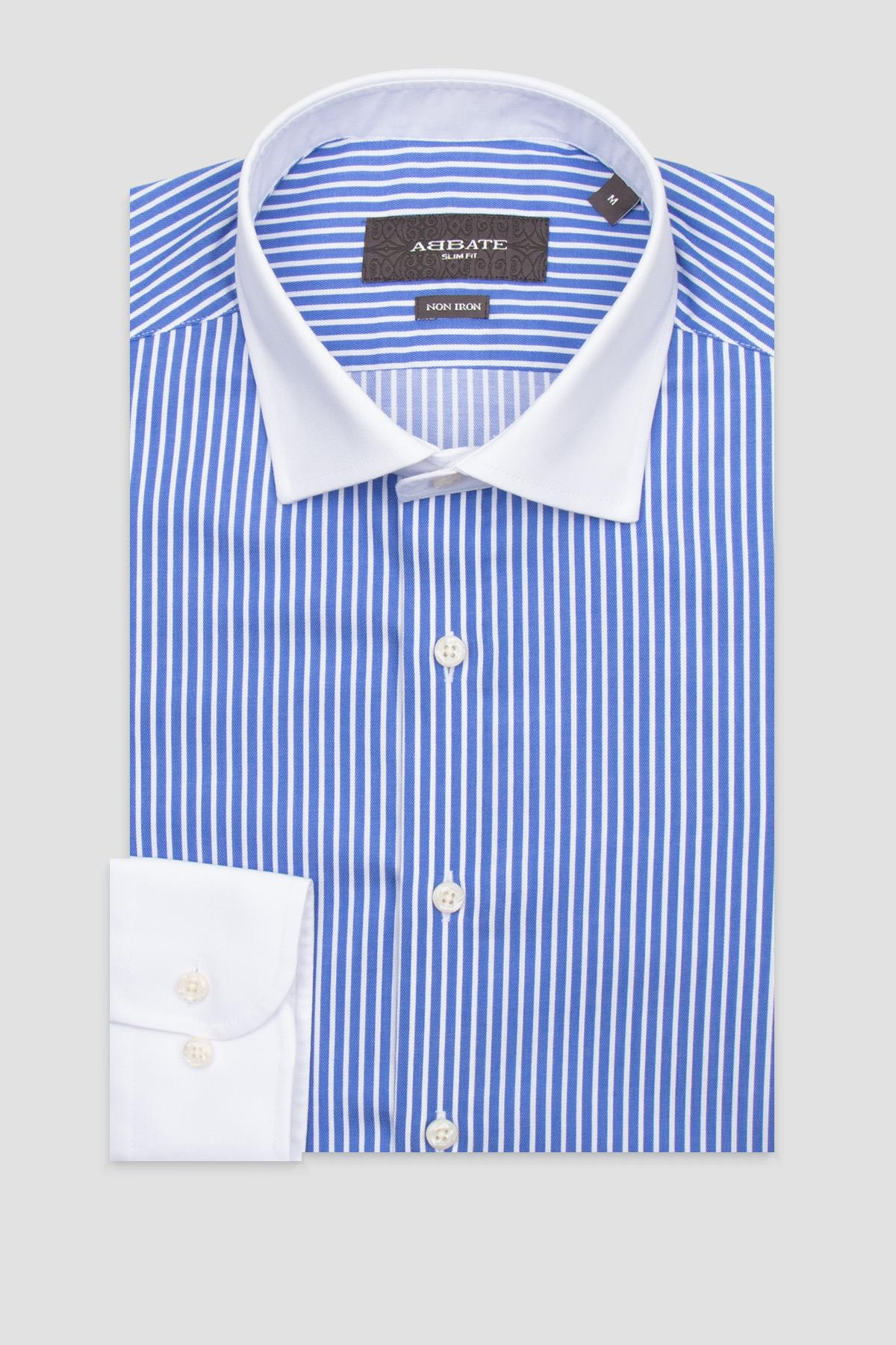 Abbate Grant Non Iron Twill Pamuklu Slim Fit Koyu Mavi Klasik Yaka Erkek Çizgili Gömlek