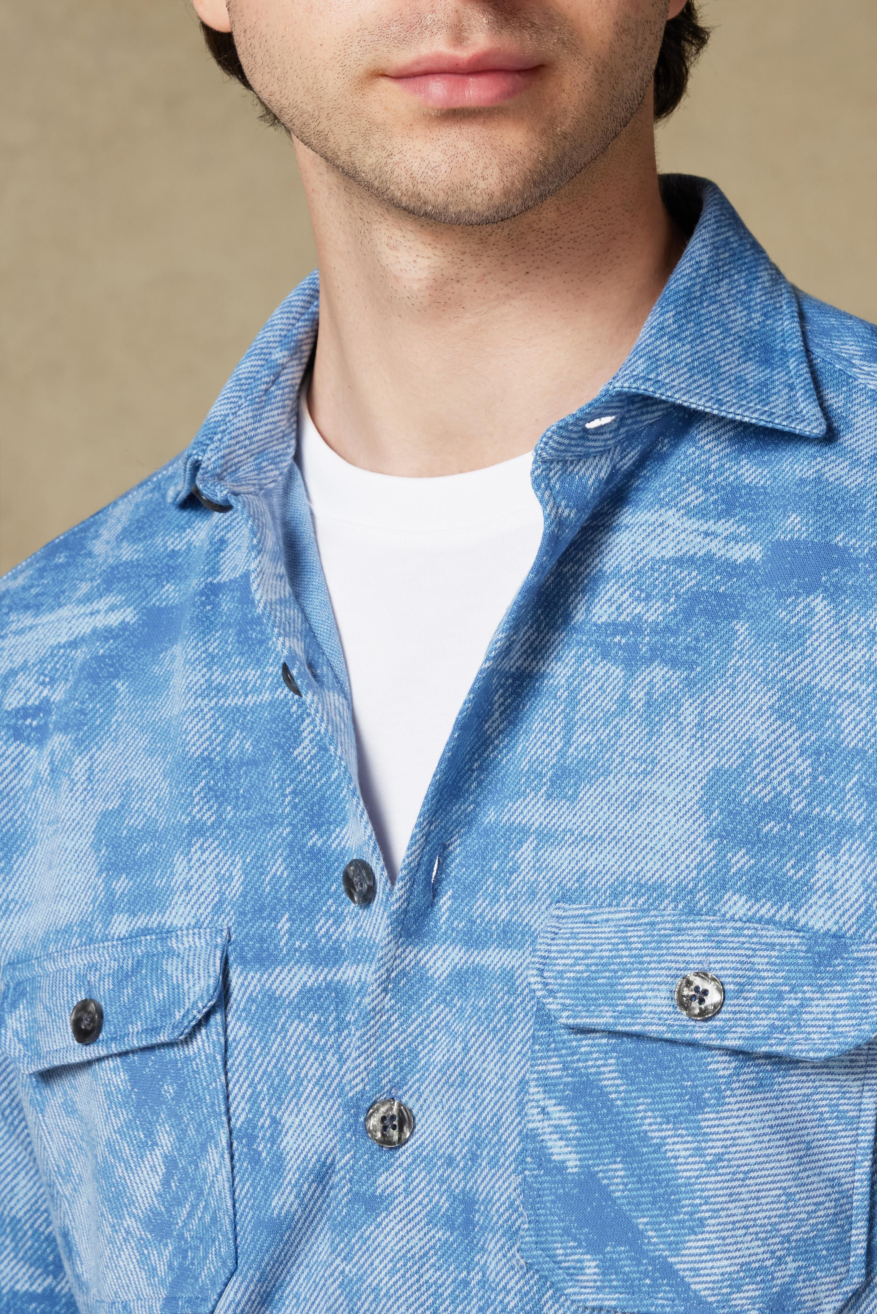 Abbate Legend Örme Kumaş Pamuk Karışımlı Overshirt Fit Açık Mavi Klasik Yaka Erkek Desenli Overshirt