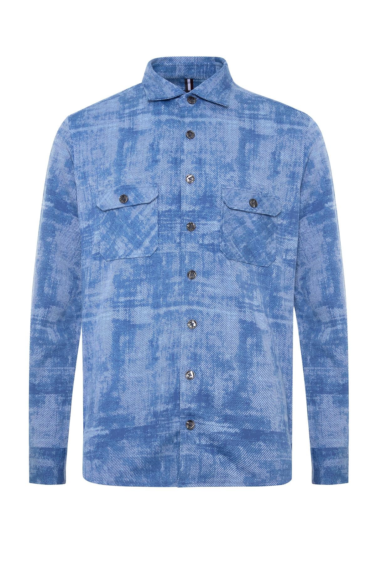 Abbate Legend Örme Kumaş Pamuk Karışımlı Overshirt Fit Açık Mavi Klasik Yaka Erkek Desenli Overshirt