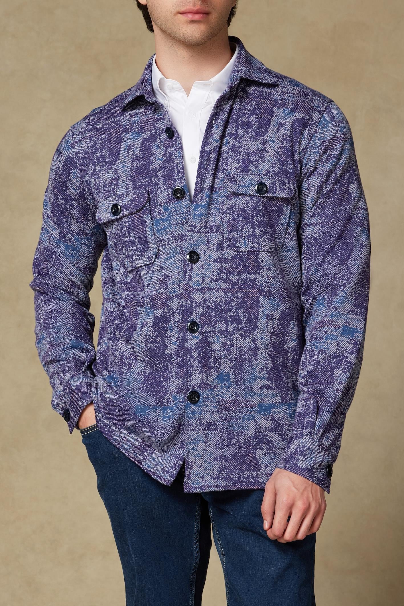 Abbate Legend Örme Kumaş Viskon Karışımlı Overshirt Fit Mürdüm Klasik Yaka Erkek Desenli Overshirt